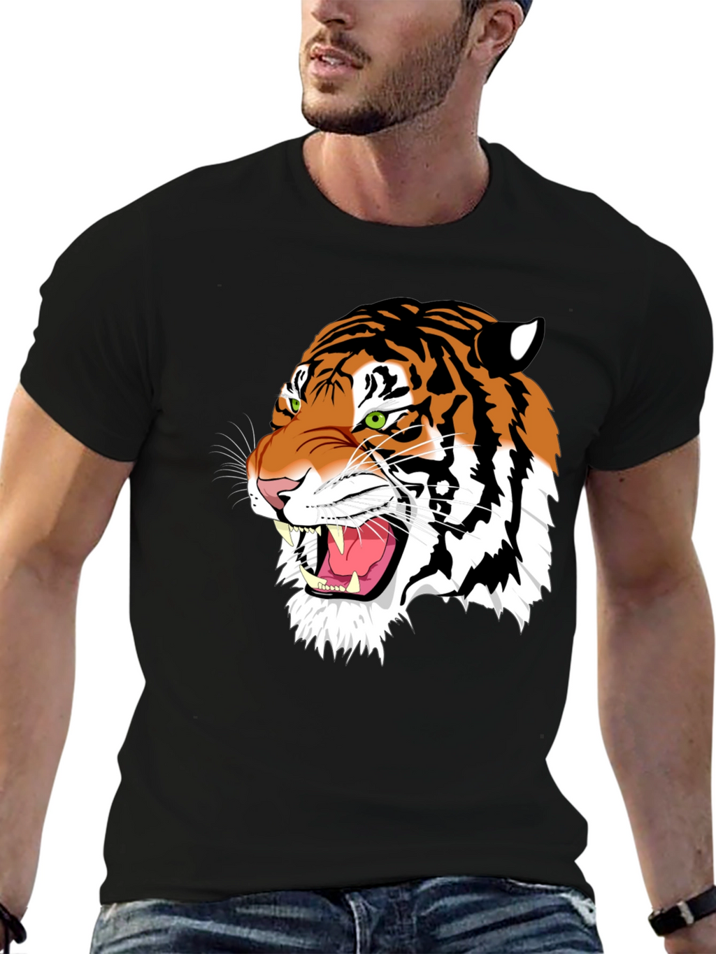 Bold Tiger Graphic Tee - Black Cotton T-Shirt