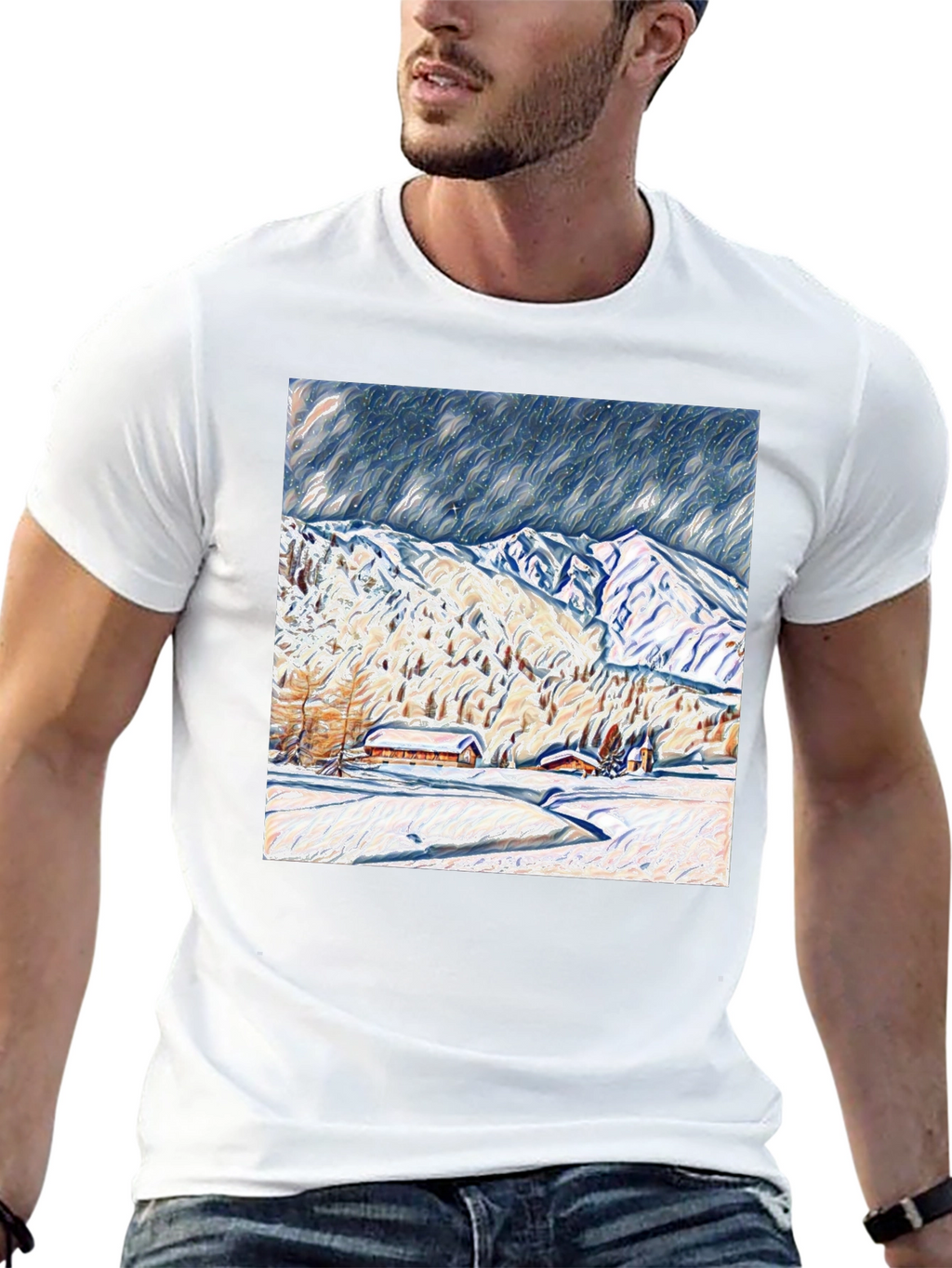 Snowy Mountain Scene Graphic Tee - Black