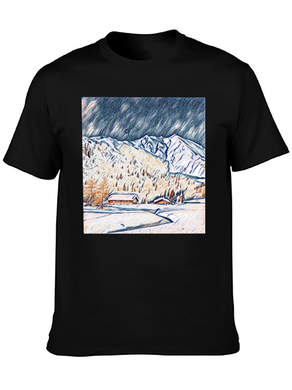 Snowy Mountain Scene Graphic Tee - Black