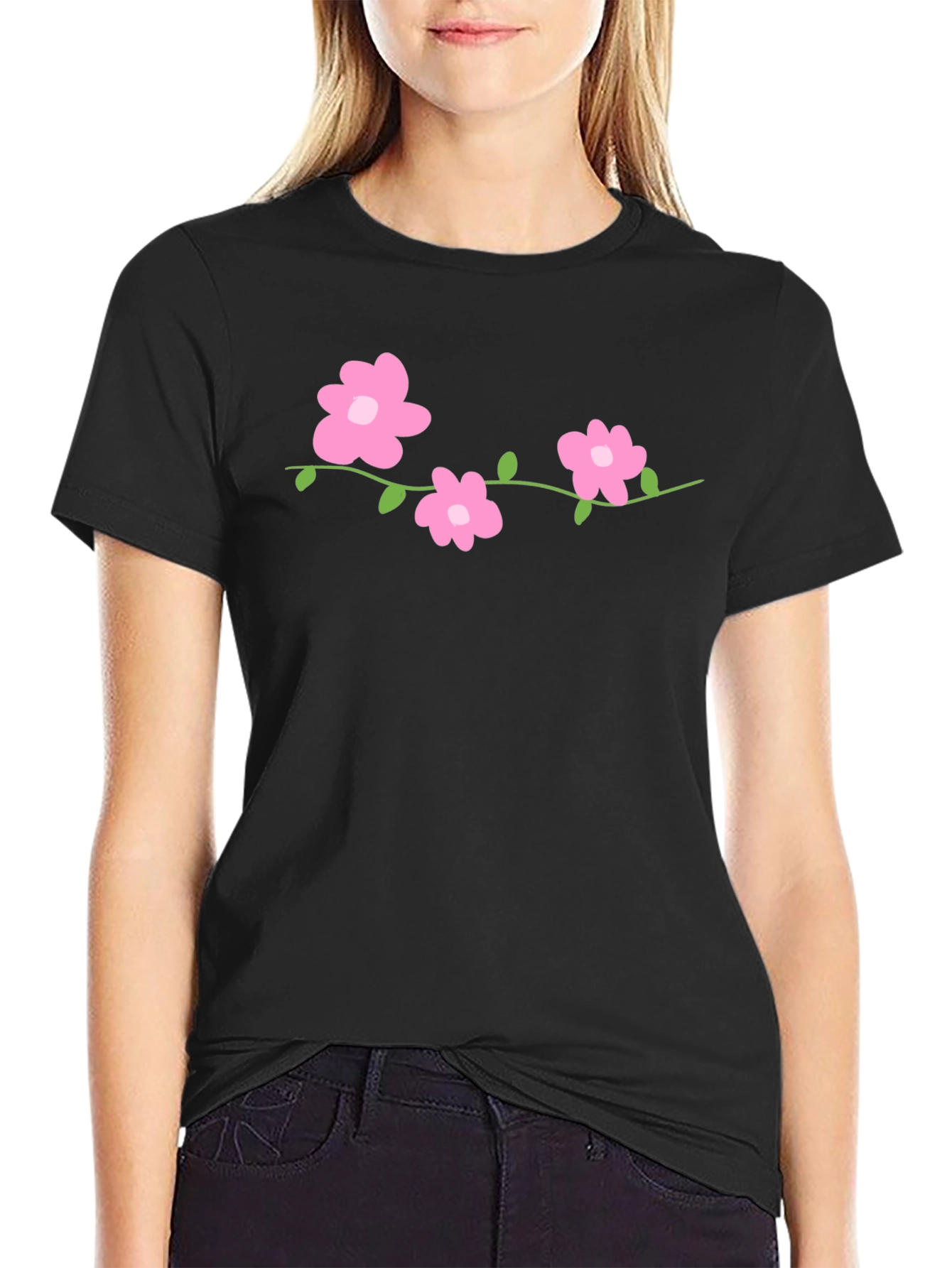 Floral Vine Graphic Tee - Black Cotton Comfort