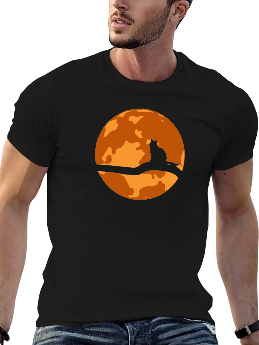 Halloween Cat Moon Graphic T-Shirt - Black