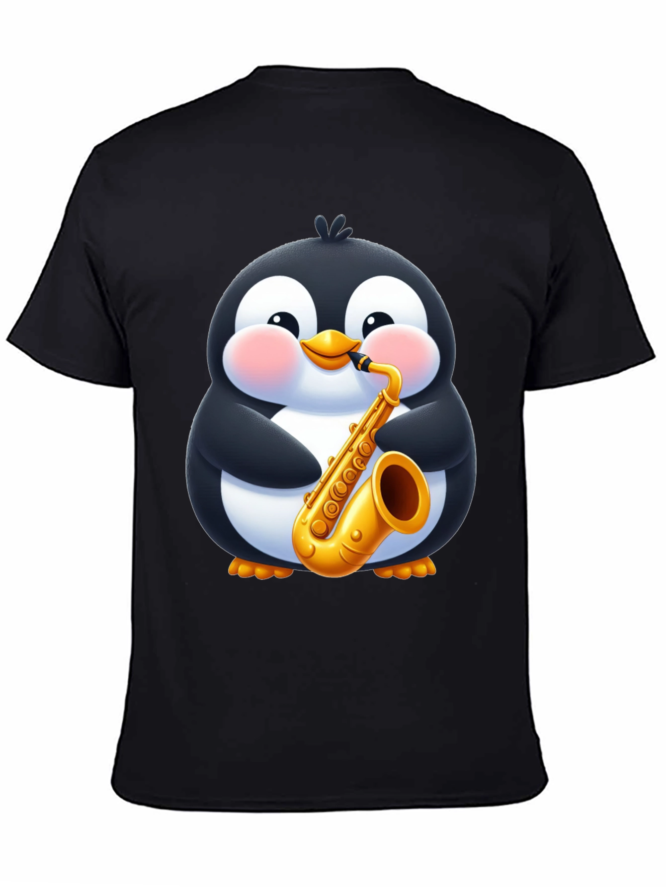 Penguin Saxophone Black T-Shirt - Cartoon Music Tee