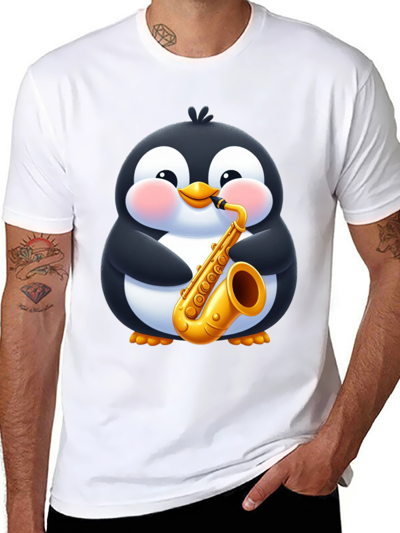Penguin Saxophone Black T-Shirt - Cartoon Music Tee