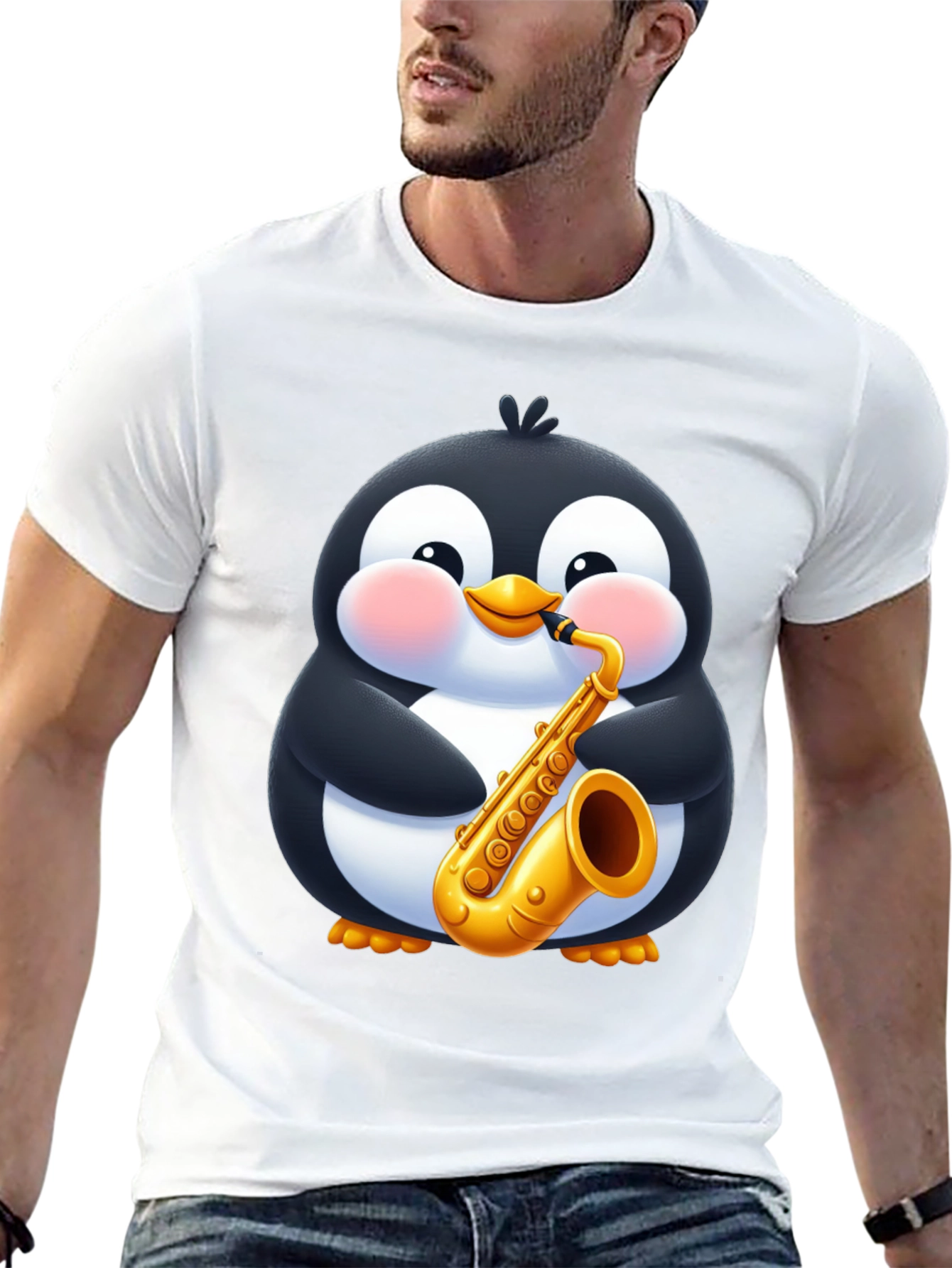 Penguin Saxophone Black T-Shirt - Cartoon Music Tee