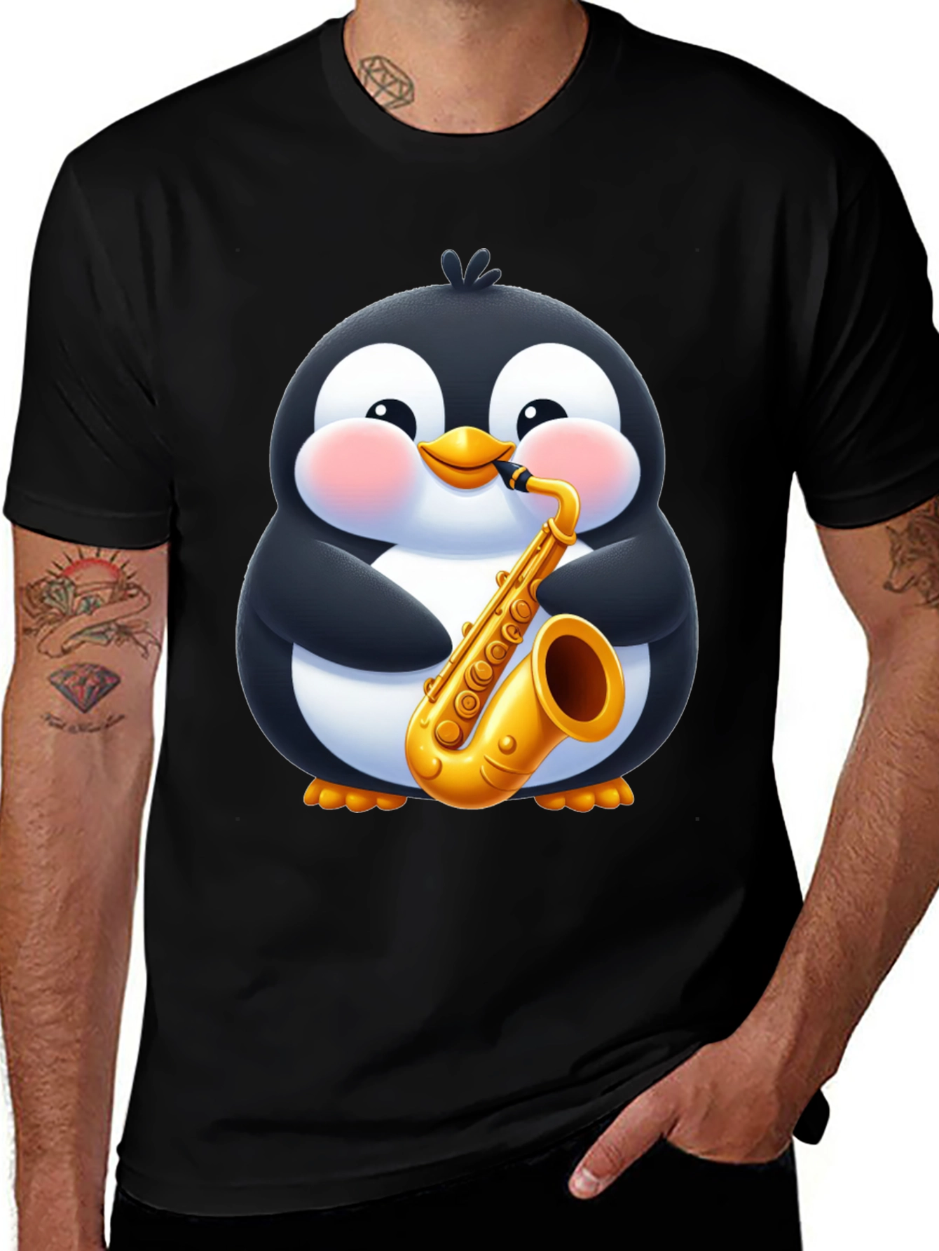 Penguin Saxophone Black T-Shirt - Cartoon Music Tee