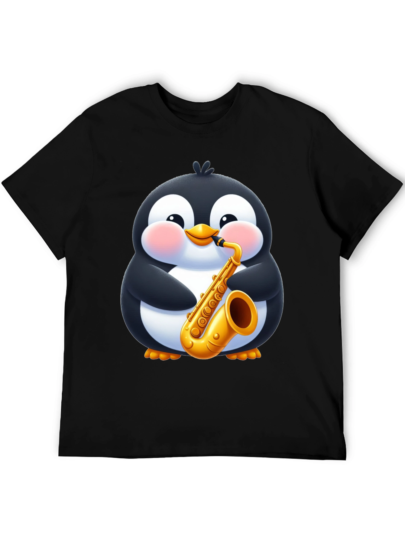Penguin Saxophone Black T-Shirt - Cartoon Music Tee