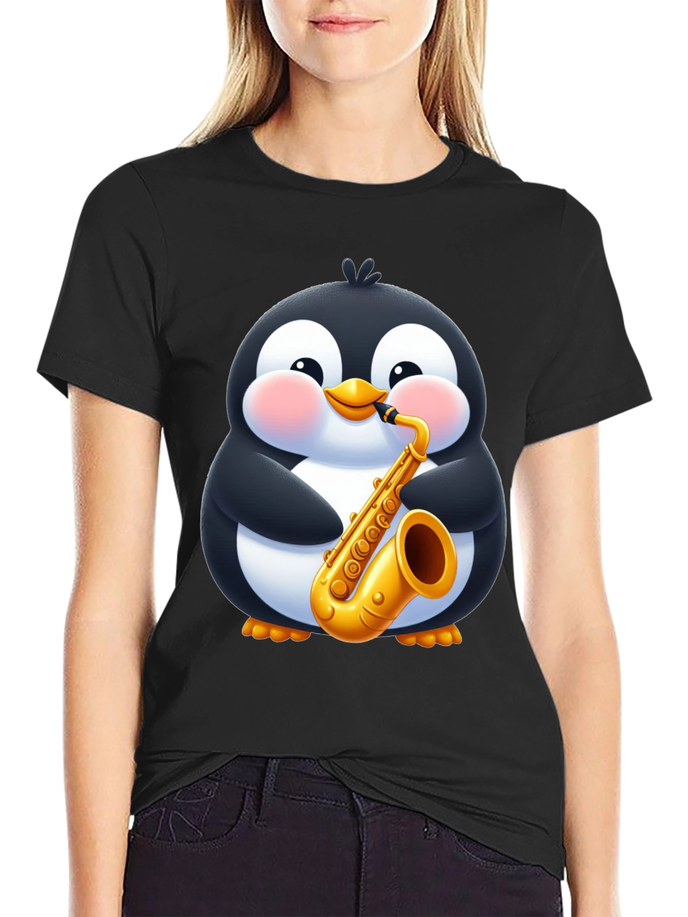 Penguin Saxophone Black T-Shirt - Cartoon Music Tee