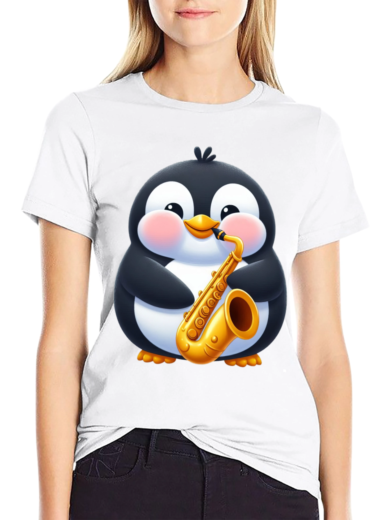 Penguin Saxophone Black T-Shirt - Cartoon Music Tee