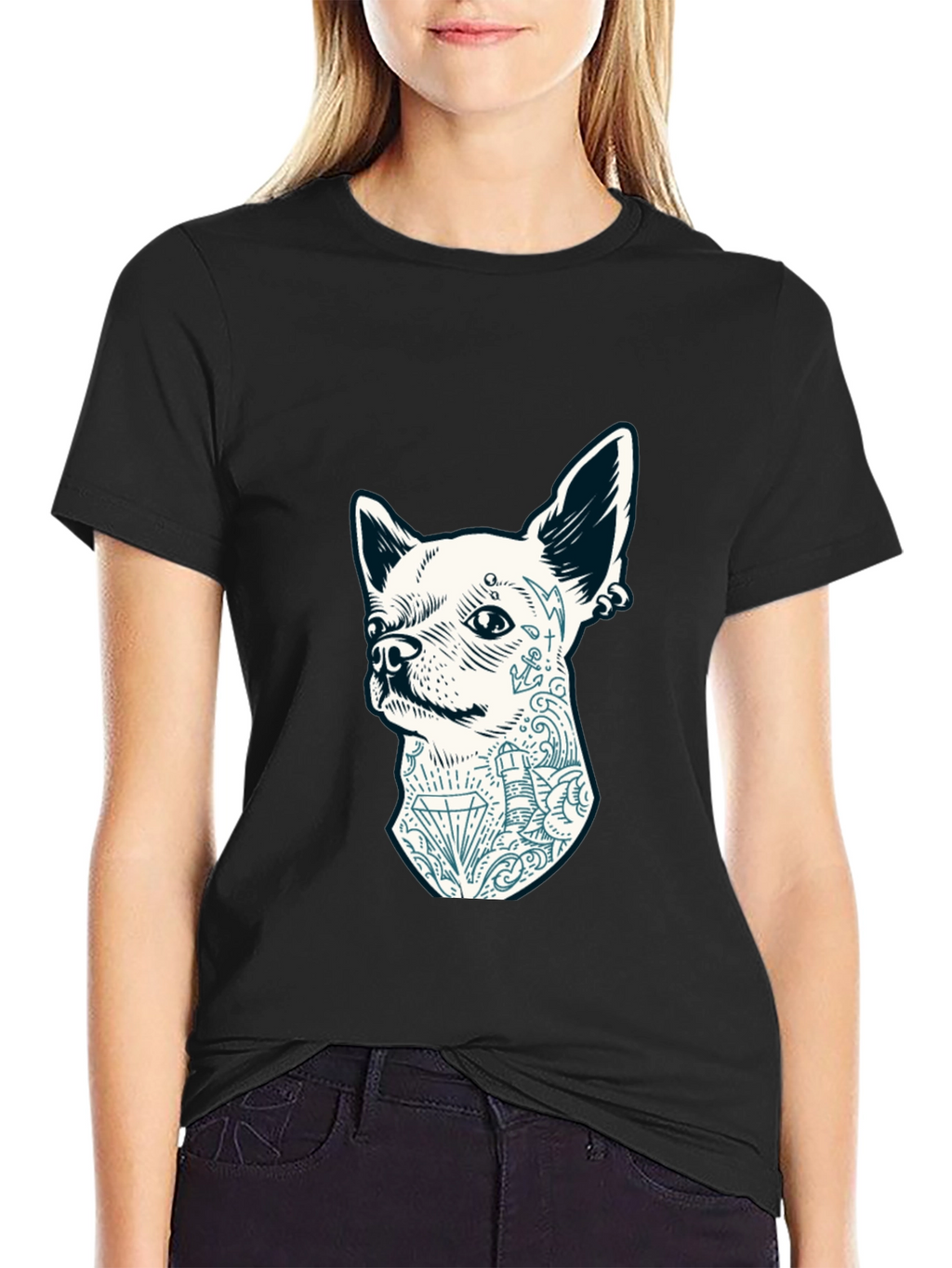 Dog Tattoo Graphic Tee - Black Cotton Casual T-Shirt