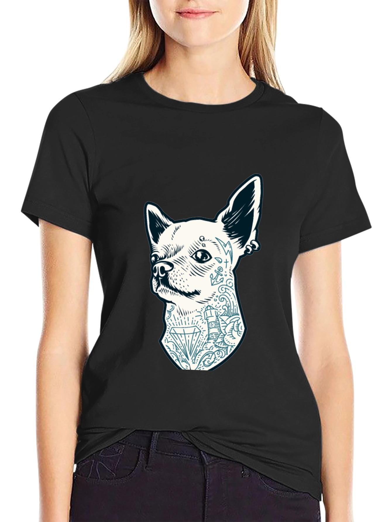 Dog Tattoo Graphic Tee - Black Cotton Casual T-Shirt