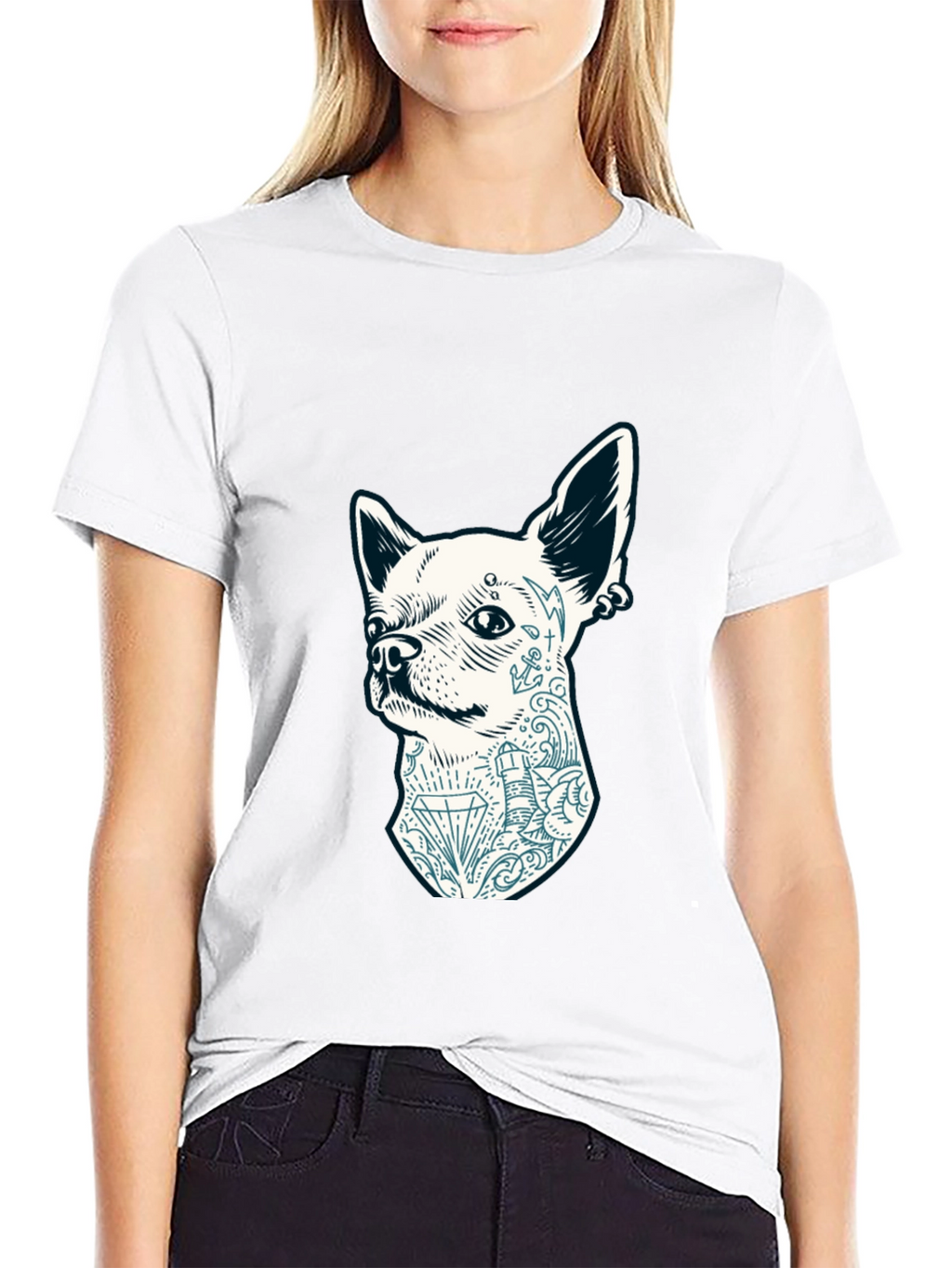 Dog Tattoo Graphic Tee - Black Cotton Casual T-Shirt