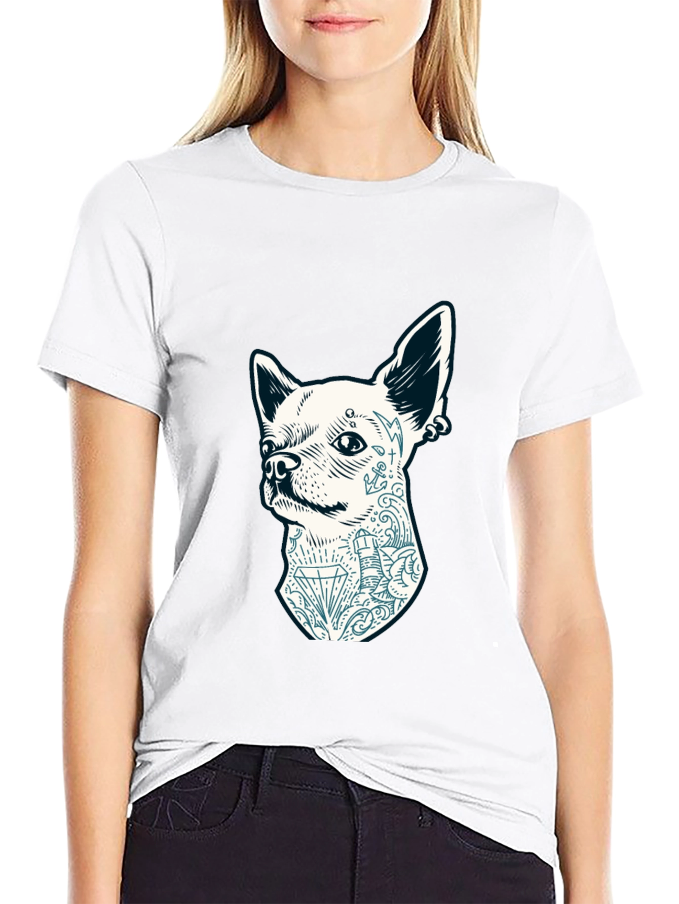 Dog Tattoo Graphic Tee - Black Cotton Casual T-Shirt