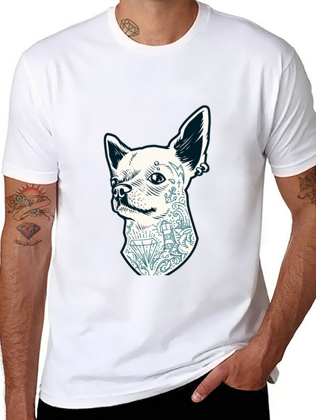 Dog Tattoo Graphic Tee - Black Cotton Casual T-Shirt