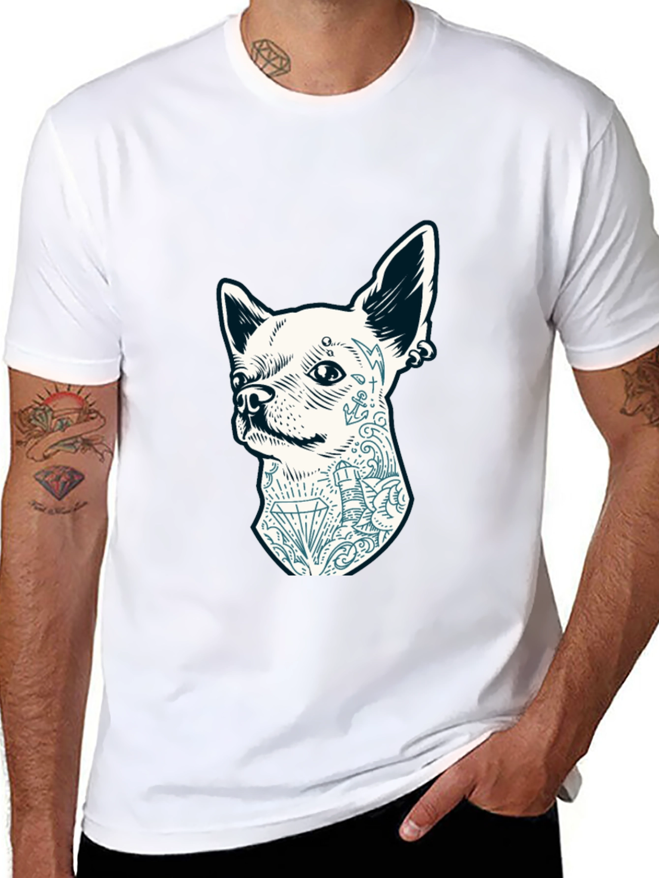 Dog Tattoo Graphic Tee - Black Cotton Casual T-Shirt