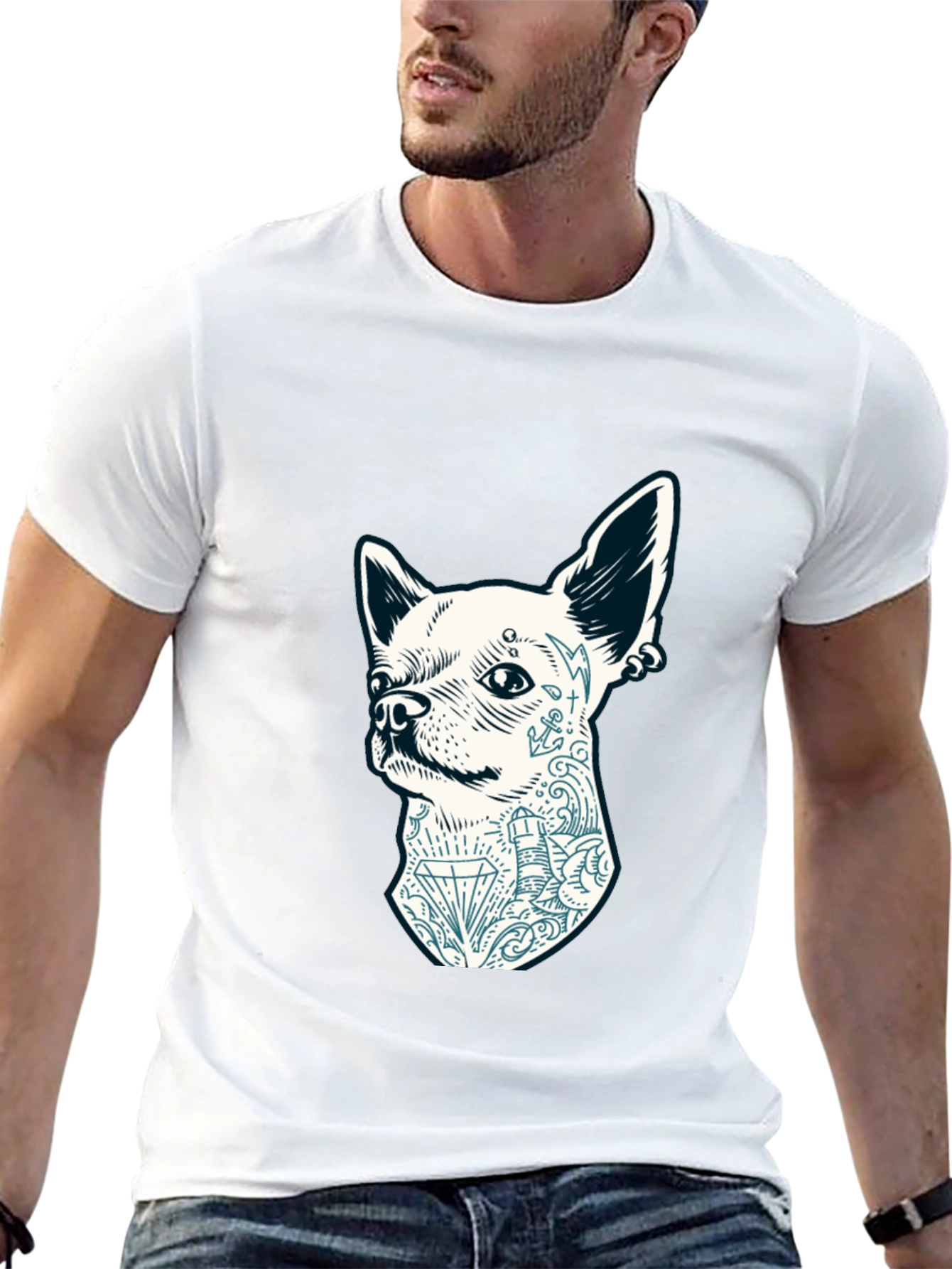 Dog Tattoo Graphic Tee - Black Cotton Casual T-Shirt