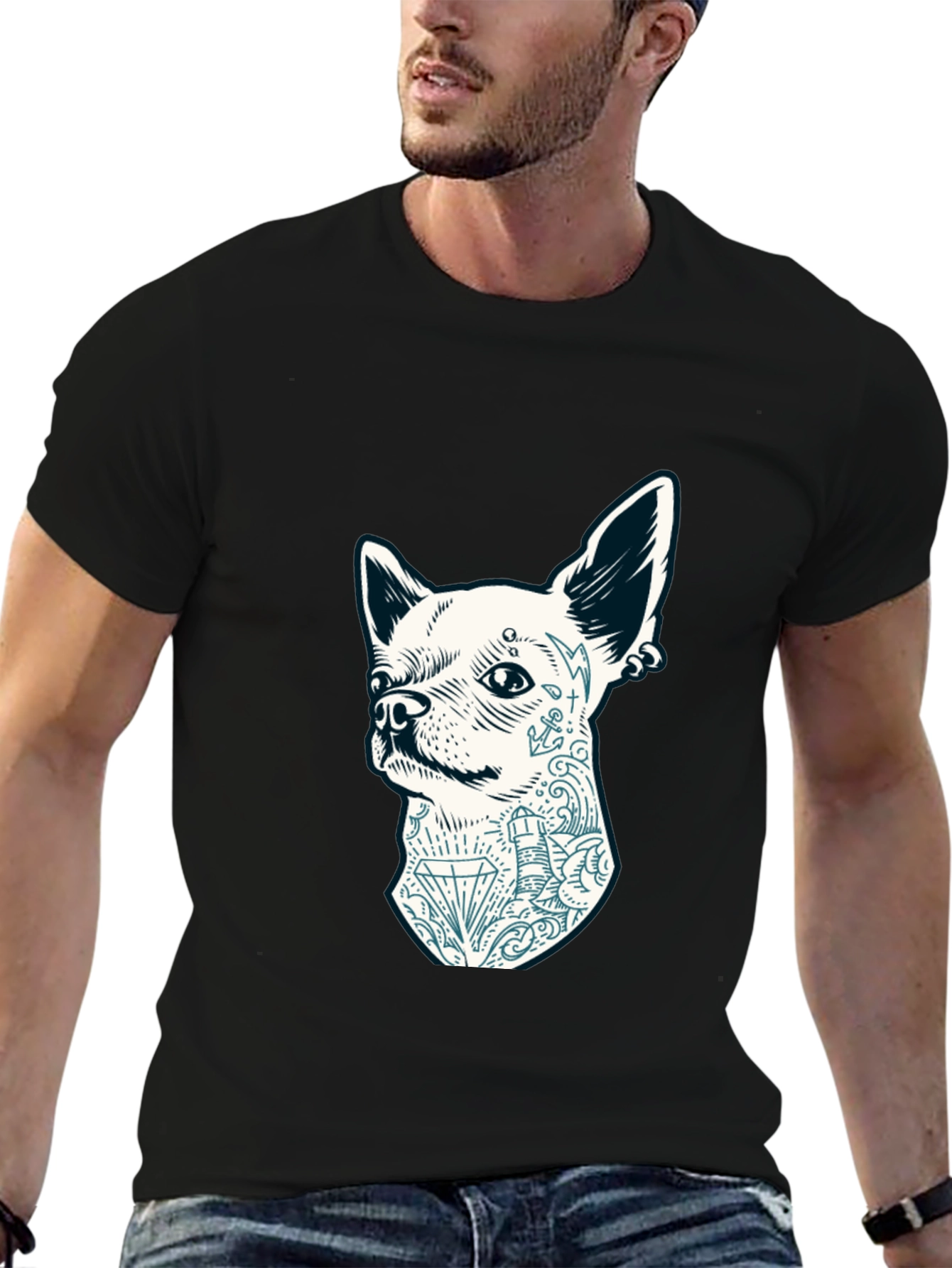 Dog Tattoo Graphic Tee - Black Cotton Casual T-Shirt