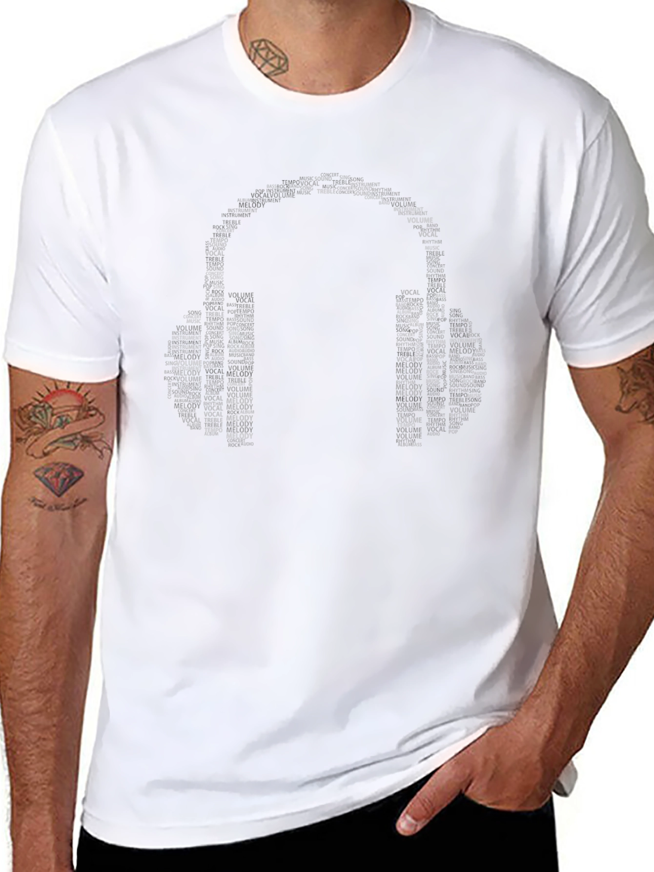 Music Headphones Word Art Black T-Shirt