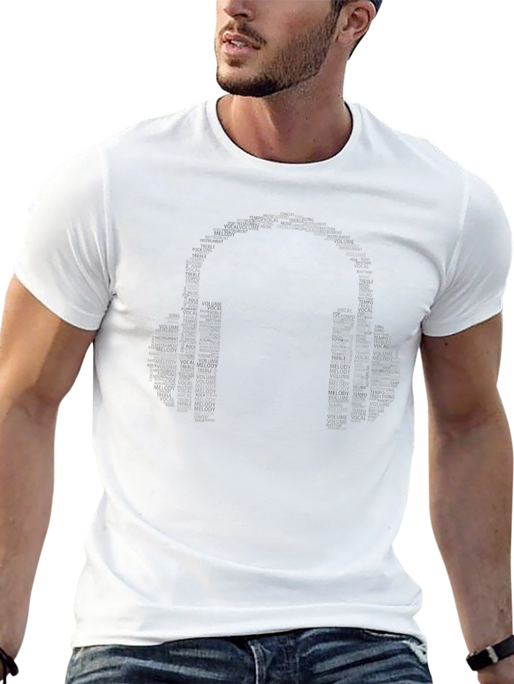Music Headphones Word Art Black T-Shirt