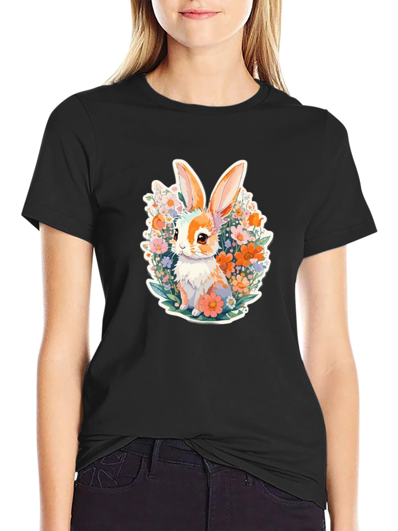 Cute Bunny Floral Graphic Tee - Soft Cotton Shirt