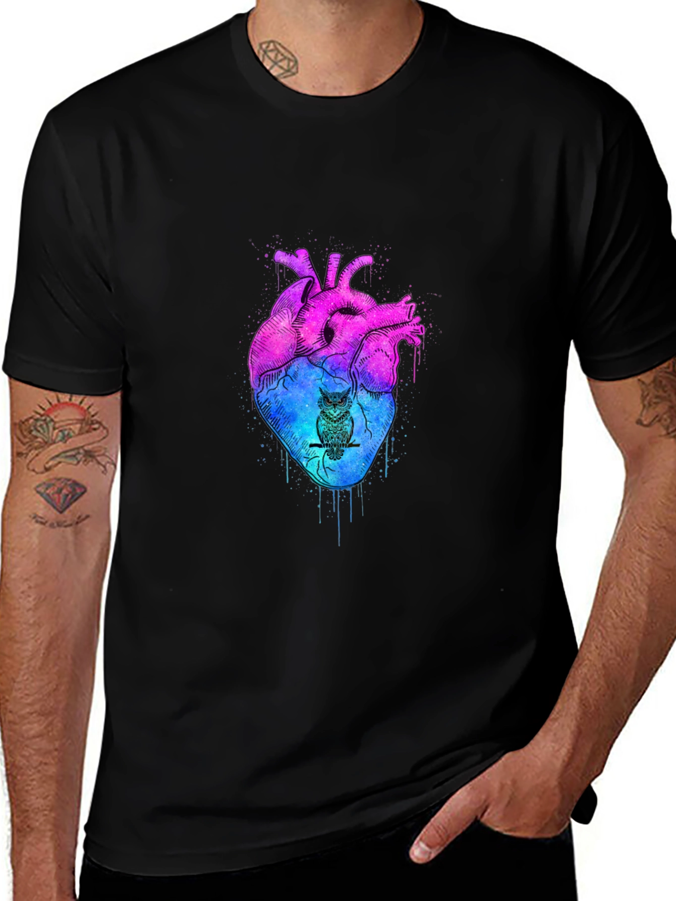 Artistic Heart & Owl Graphic Tee - Unique Design