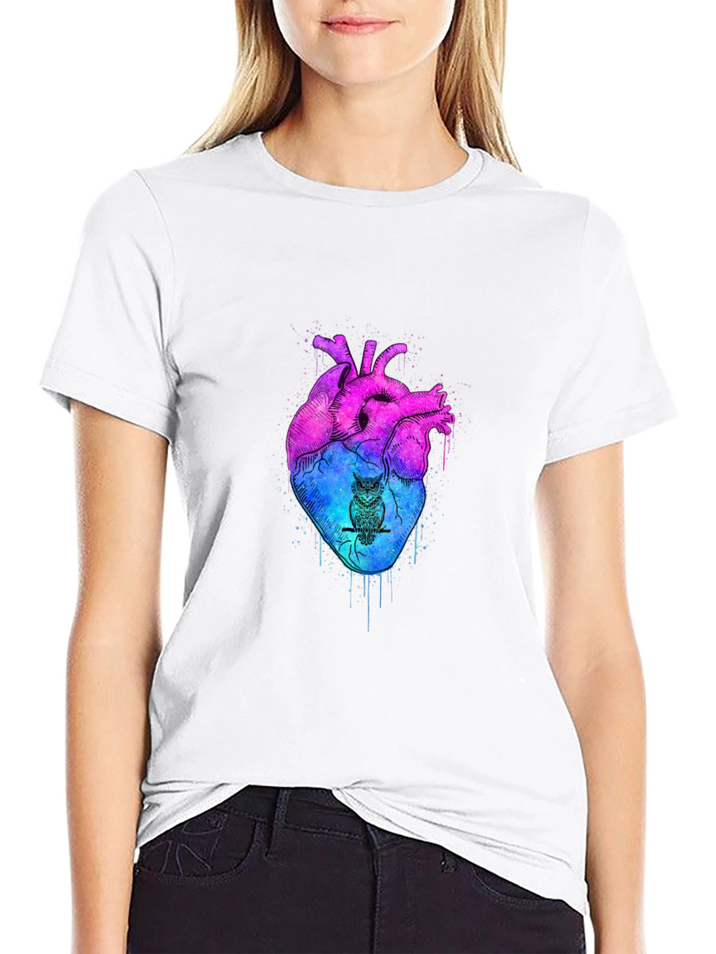 Artistic Heart & Owl Graphic Tee - Unique Design