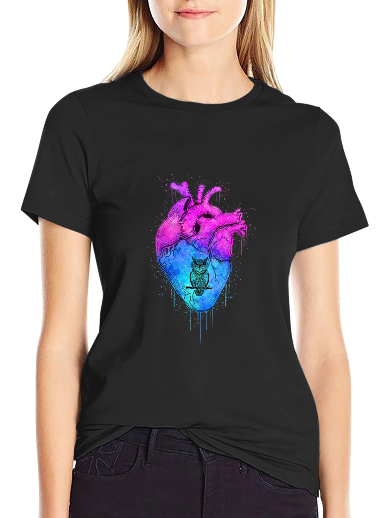 Artistic Heart & Owl Graphic Tee - Unique Design