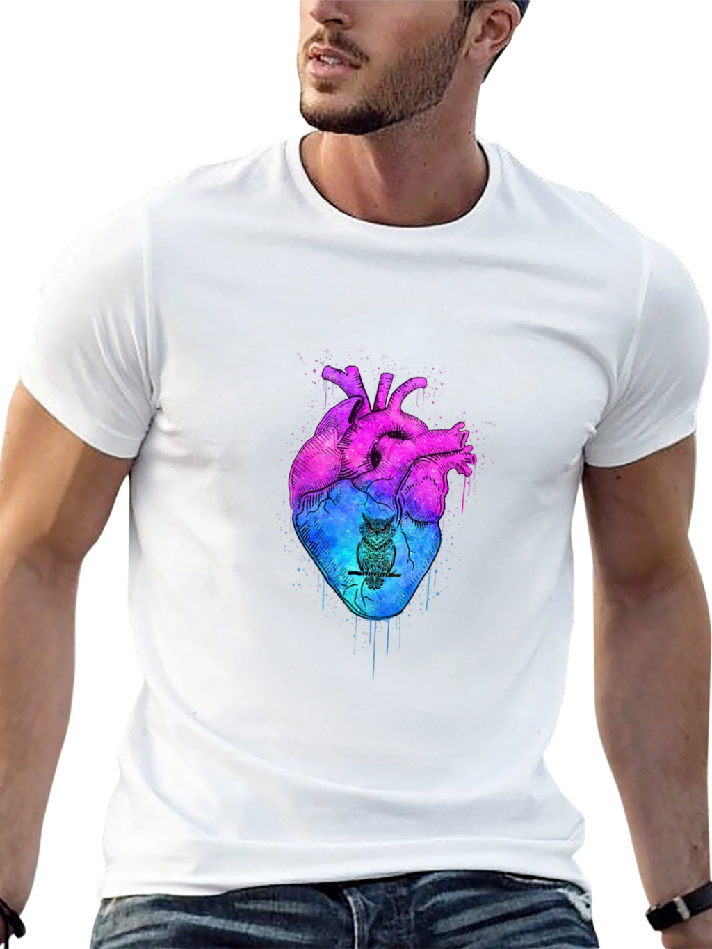 Artistic Heart & Owl Graphic Tee - Unique Design