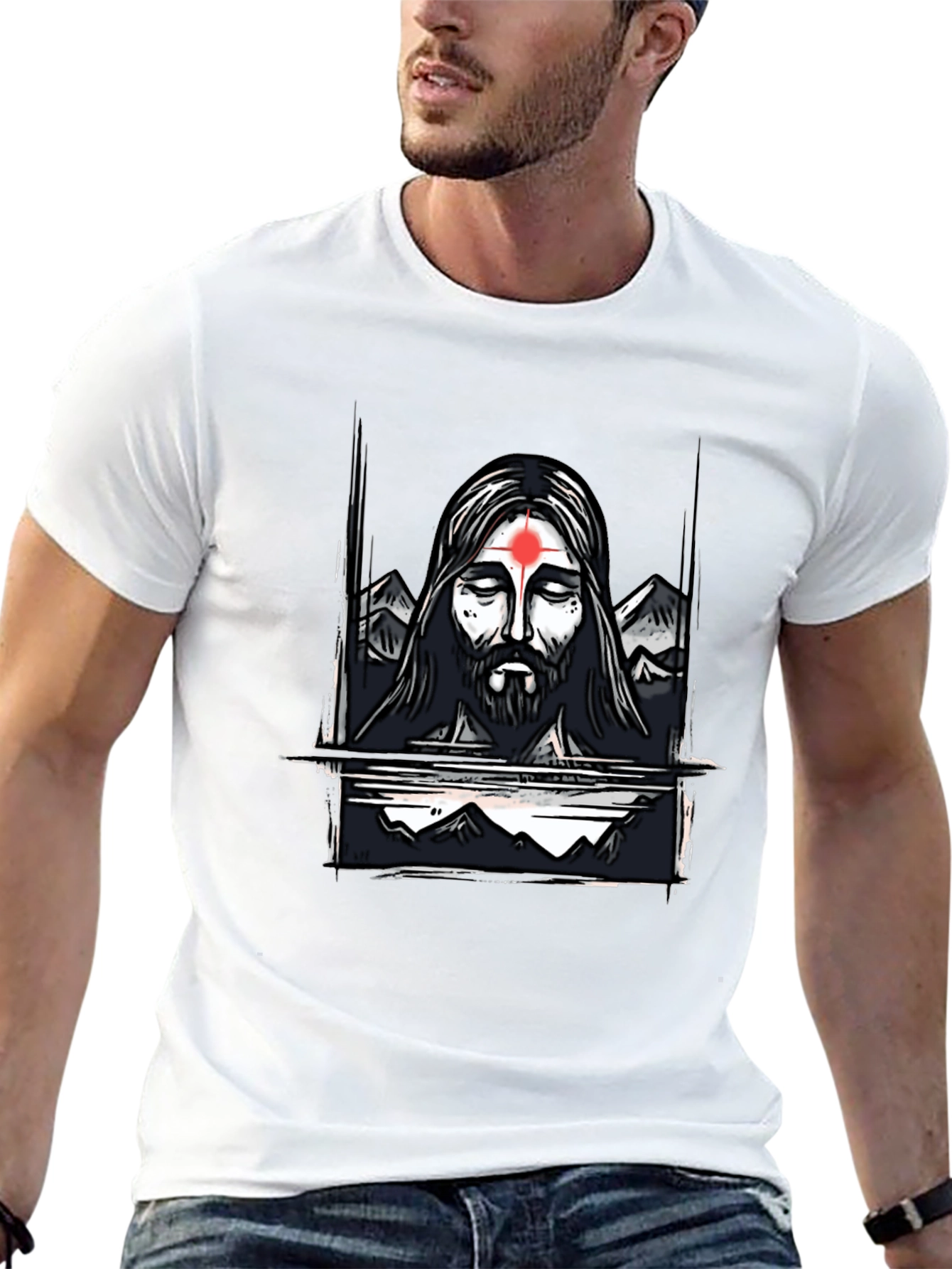Spiritual Graphic Tee - Meditating Figure with Mountain Design