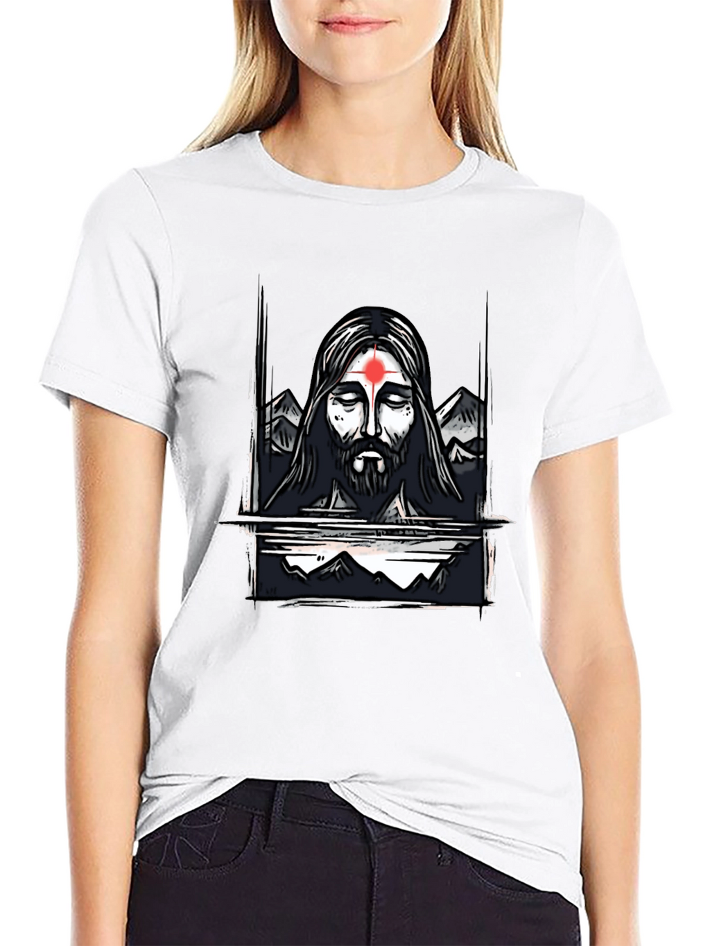 Spiritual Graphic Tee - Meditating Figure with Mountain Design