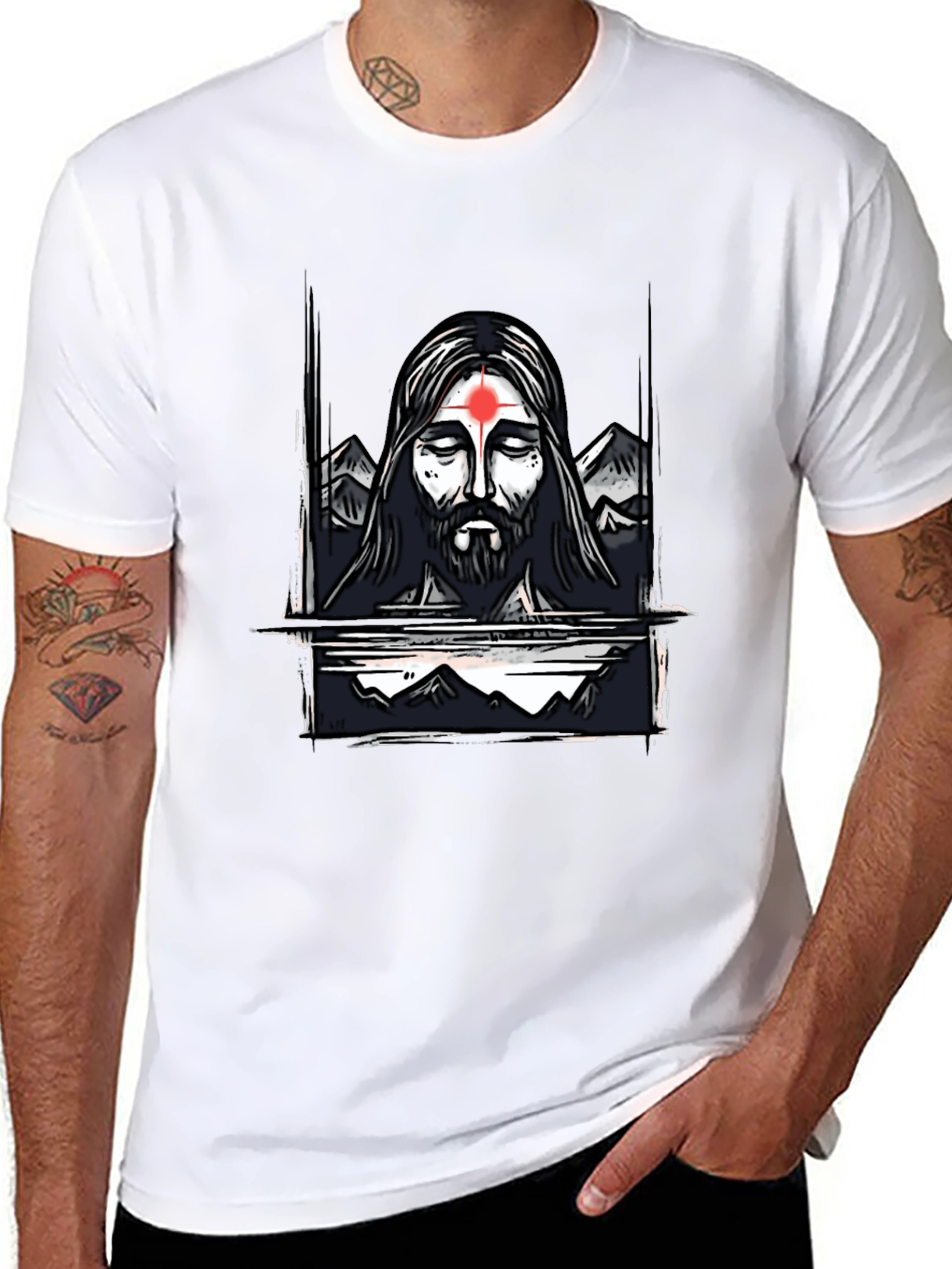 Spiritual Graphic Tee - Meditating Figure with Mountain Design