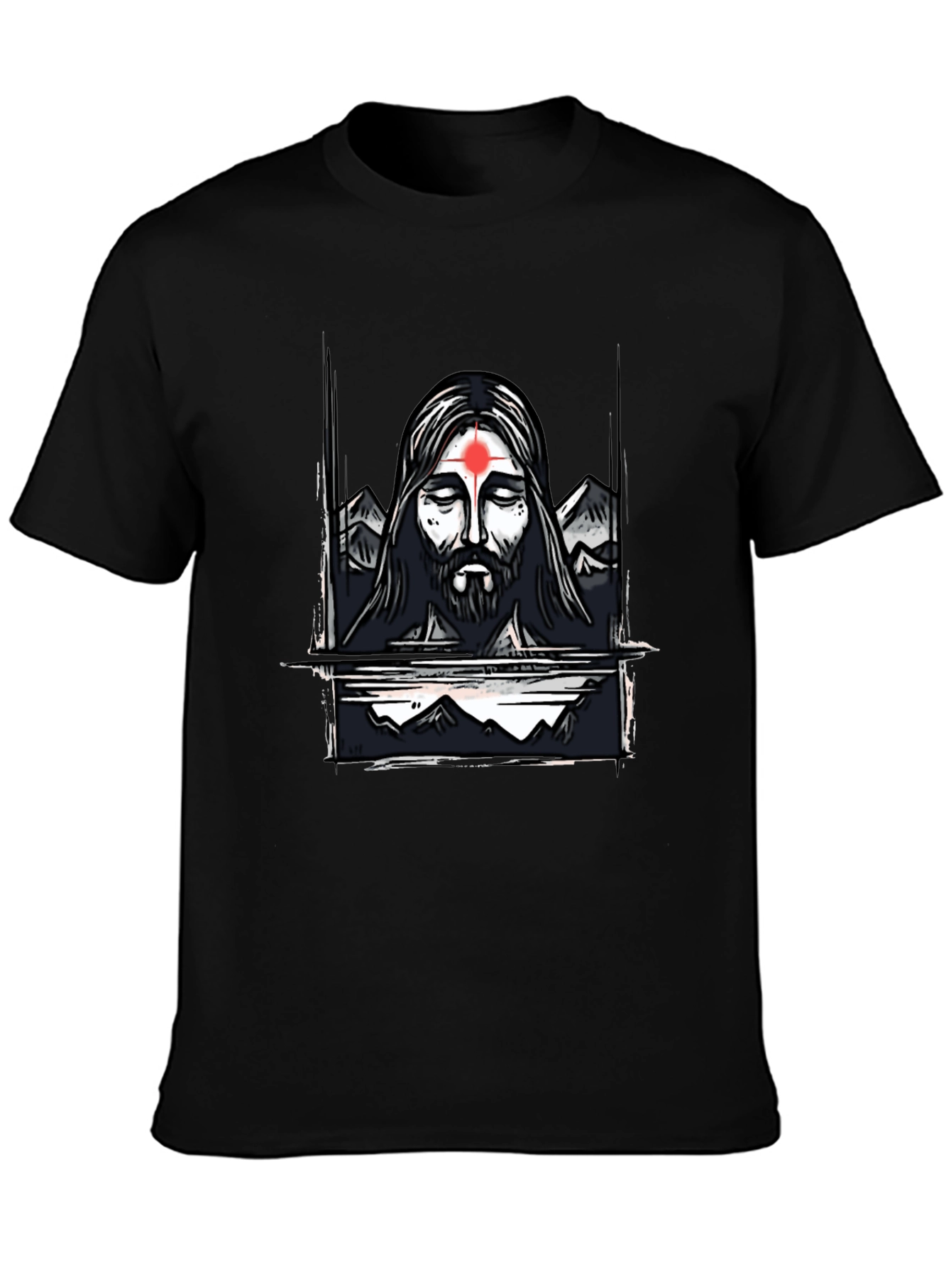 Spiritual Graphic Tee - Meditating Figure with Mountain Design