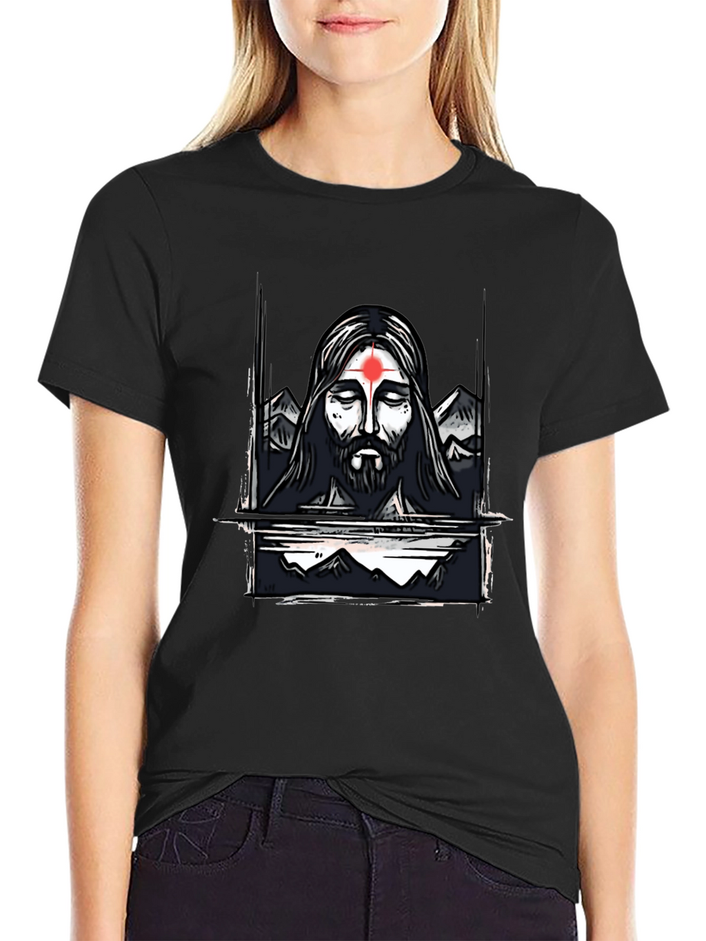 Spiritual Graphic Tee - Meditating Figure with Mountain Design