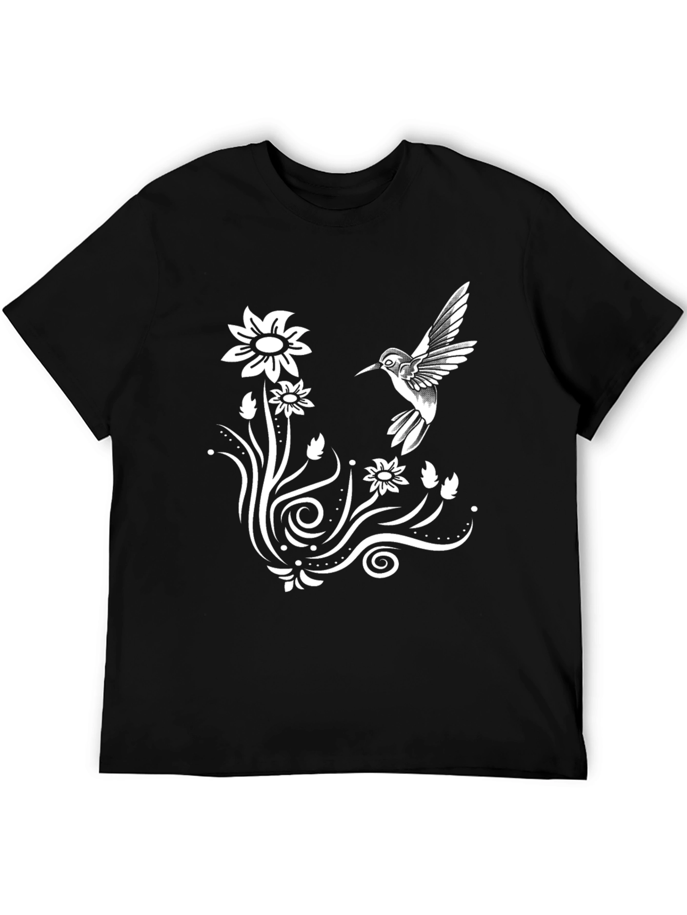 Hummingbird & Floral Graphic Tee - Stylish Black T-Shirt