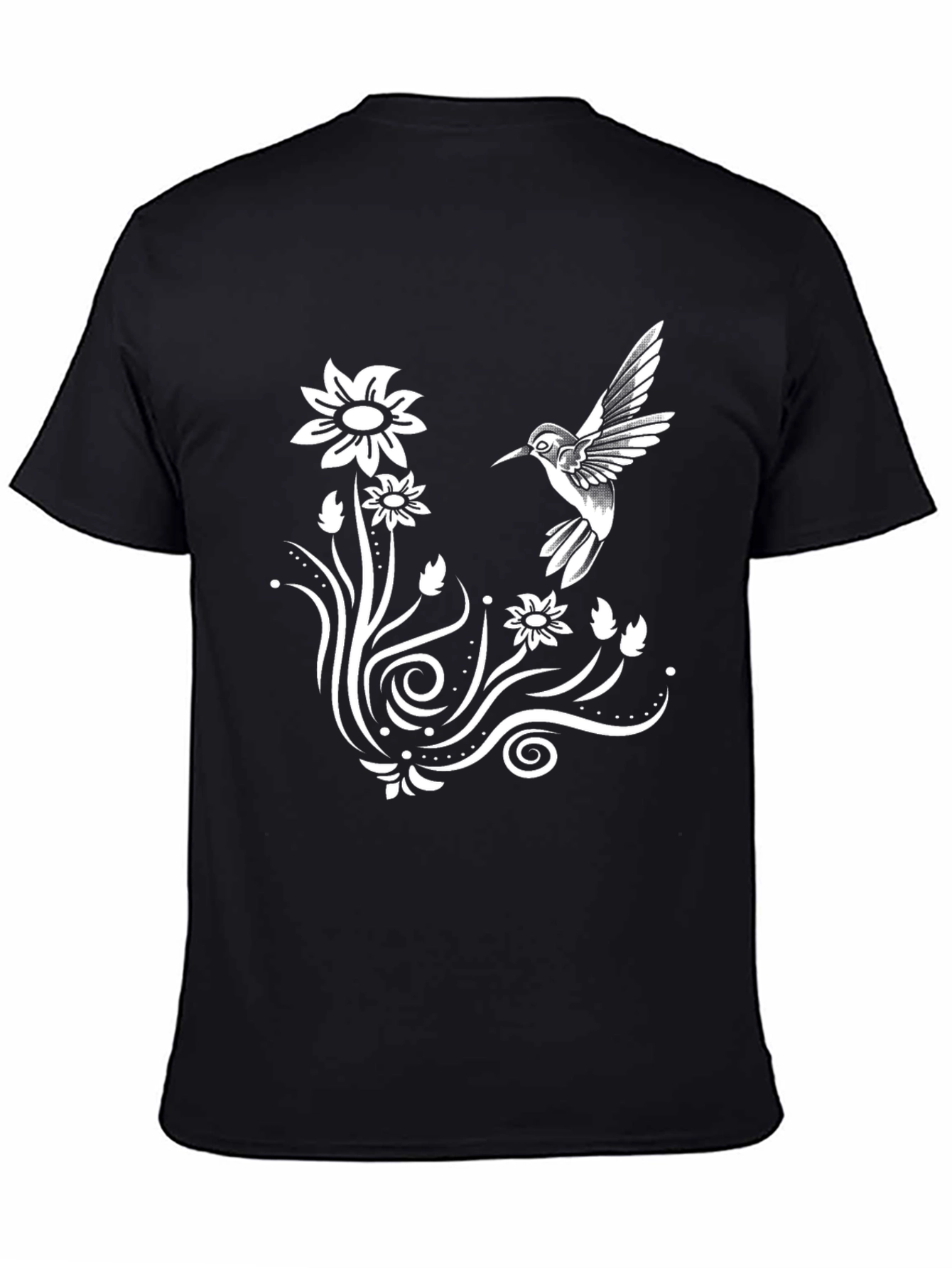 Hummingbird & Floral Graphic Tee - Stylish Black T-Shirt