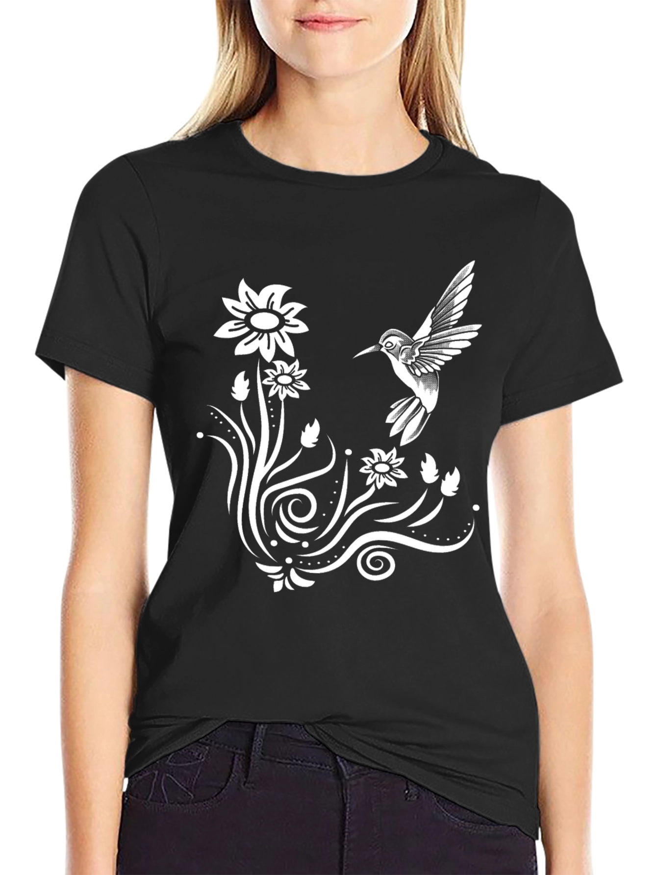 Hummingbird & Floral Graphic Tee - Stylish Black T-Shirt