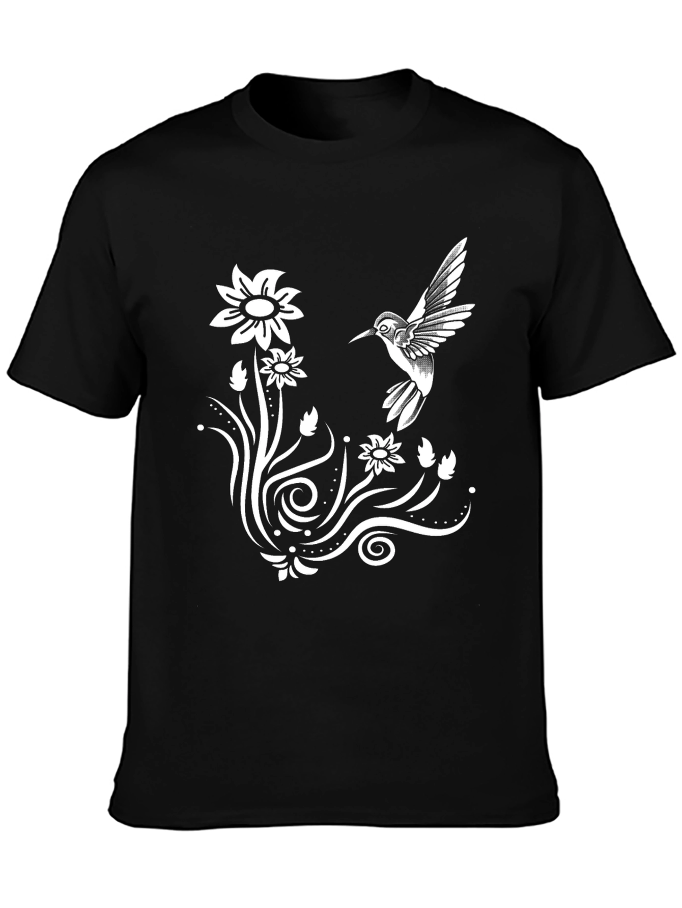 Hummingbird & Floral Graphic Tee - Stylish Black T-Shirt