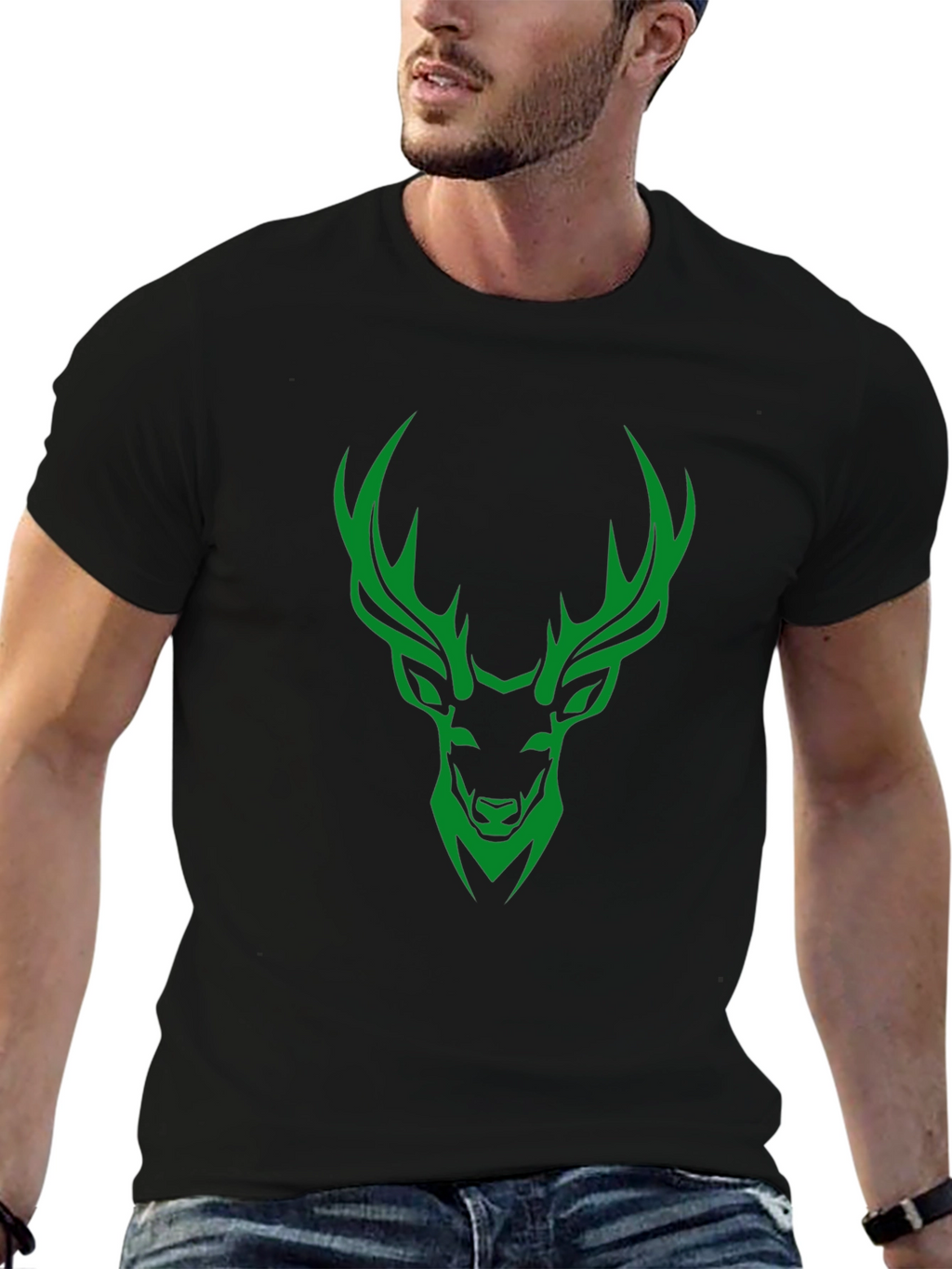 Green Deer Graphic Print Mens Black T-Shirt