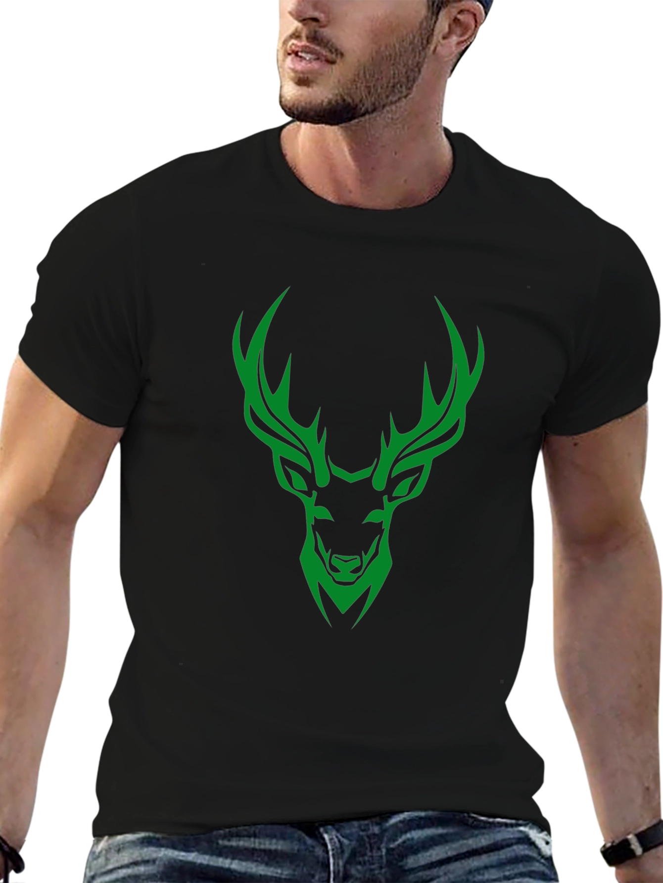 Green Deer Graphic Print Mens Black T-Shirt