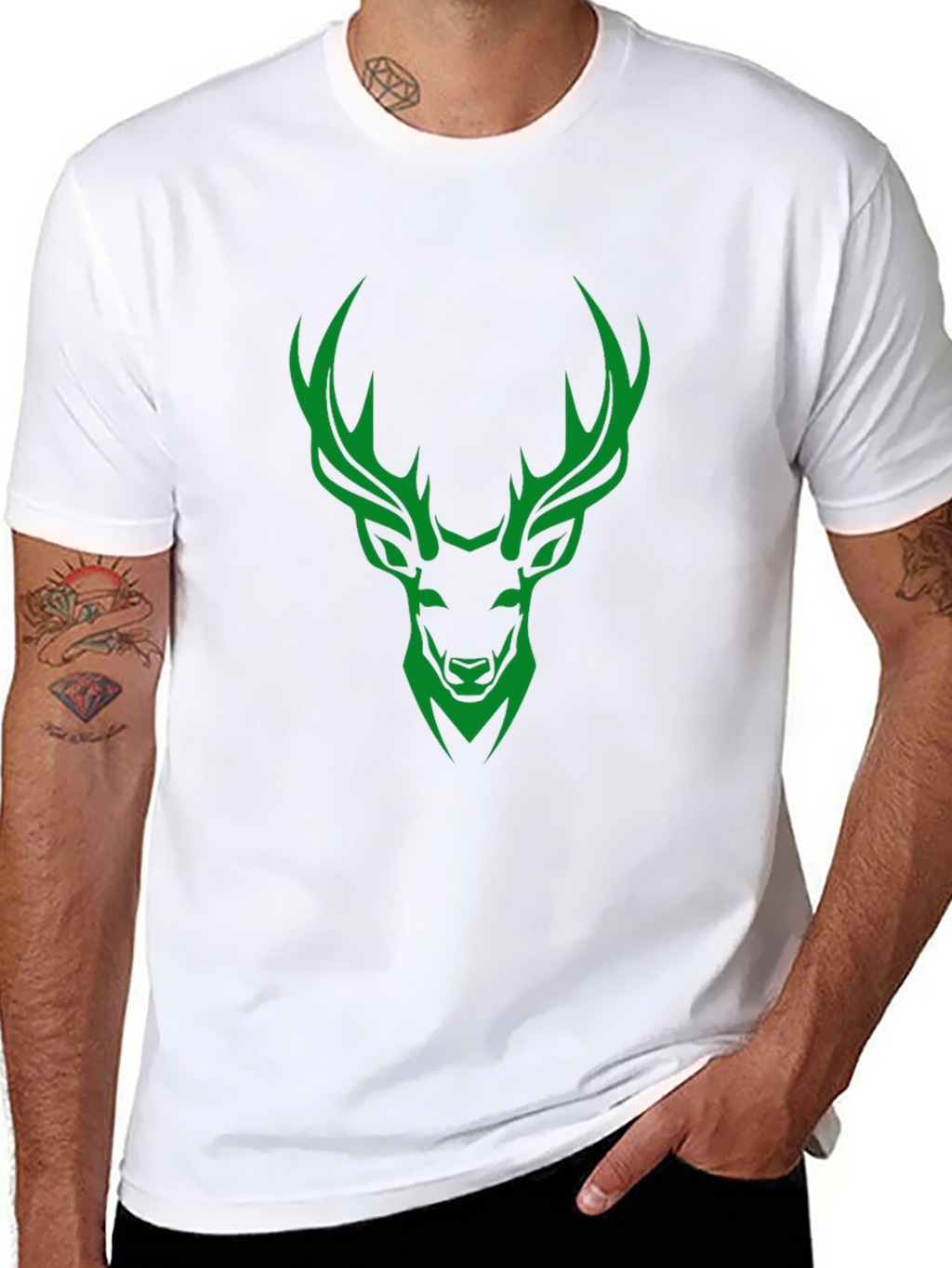 Green Deer Graphic Print Mens Black T-Shirt