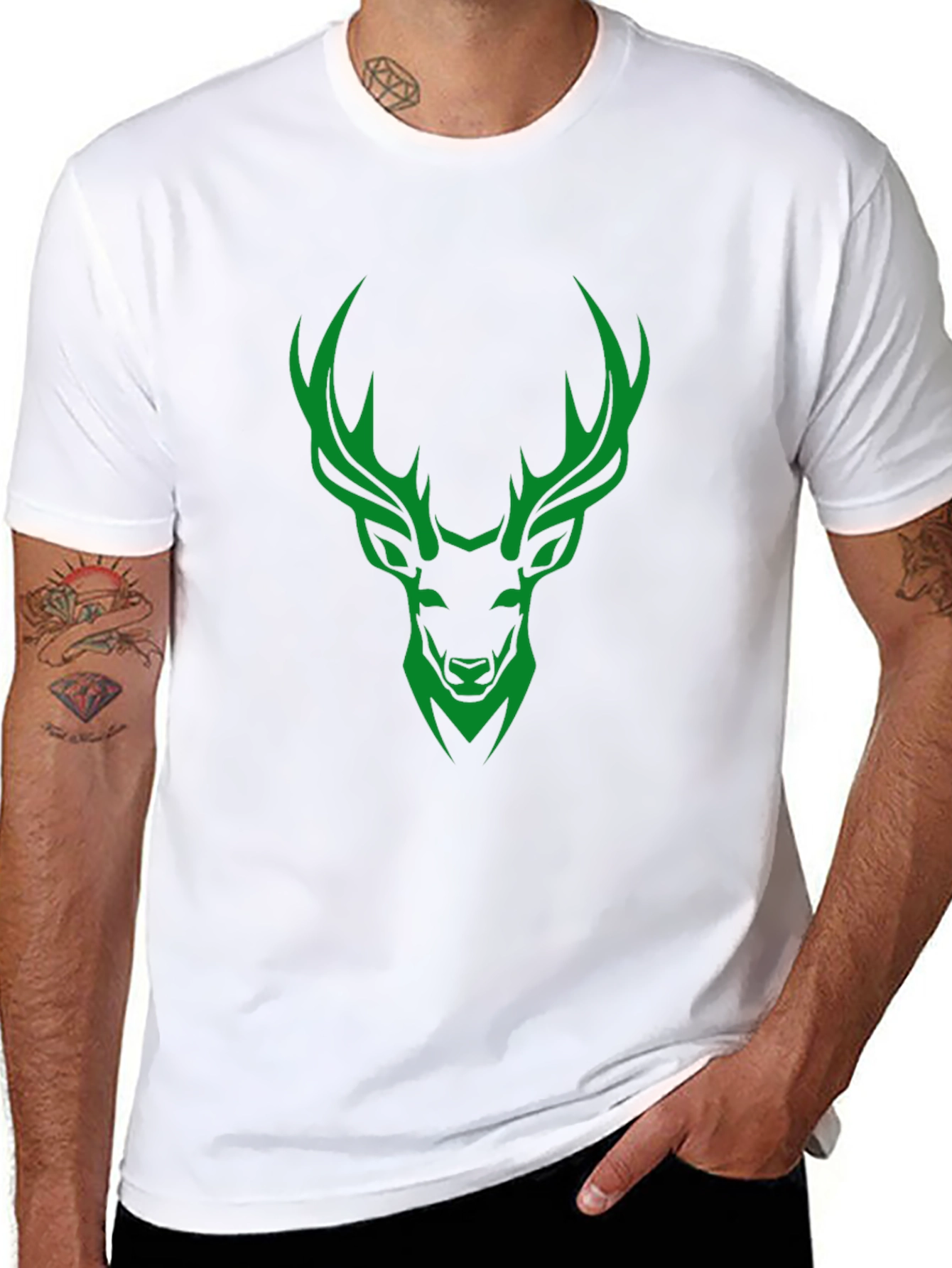 Green Deer Graphic Print Mens Black T-Shirt