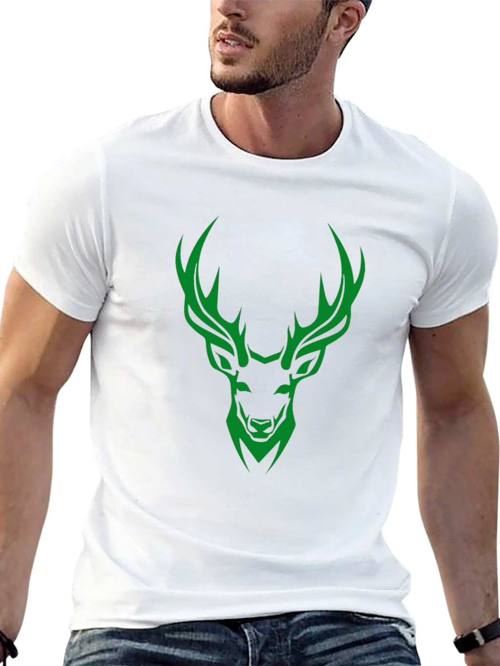 Green Deer Graphic Print Mens Black T-Shirt