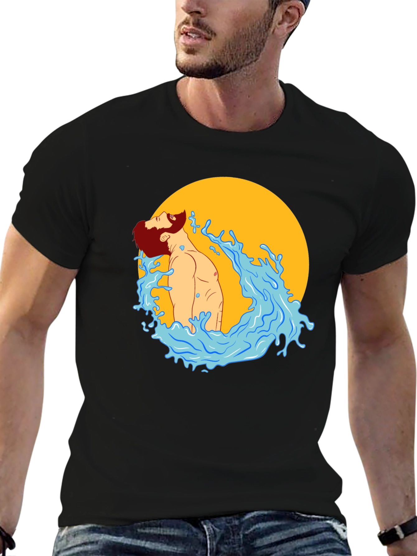 Illustrated Man in Water Graphic T-Shirt