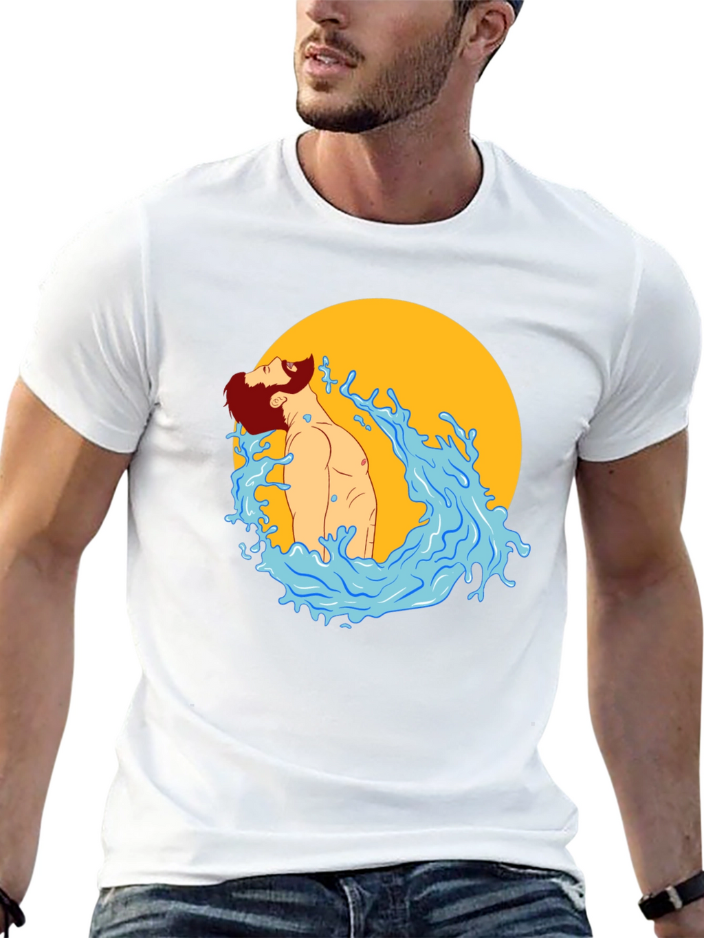 Illustrated Man in Water Graphic T-Shirt