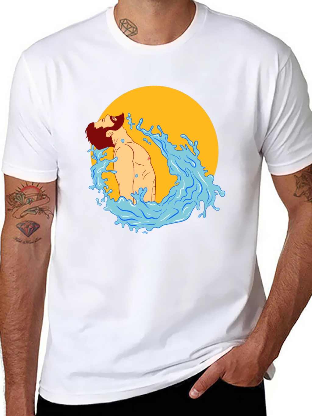 Illustrated Man in Water Graphic T-Shirt