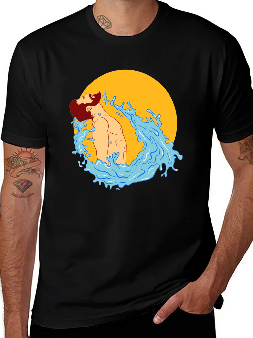 Illustrated Man in Water Graphic T-Shirt