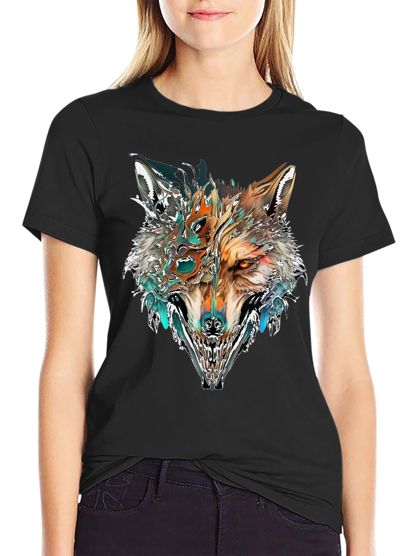 Abstract Wolf Graphic T-Shirt - Black