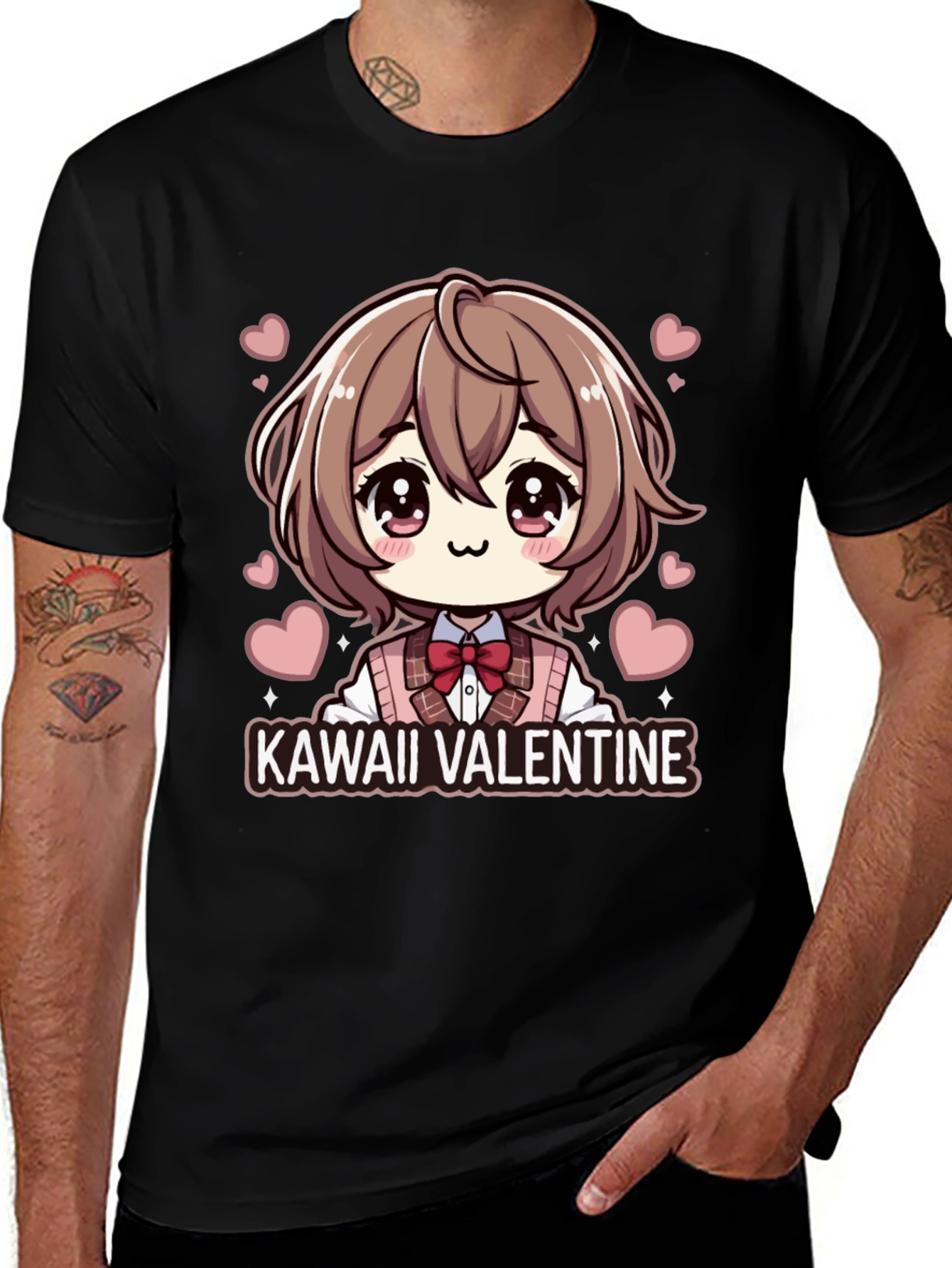 Kawaii Valentine Anime Style Black T-Shirt