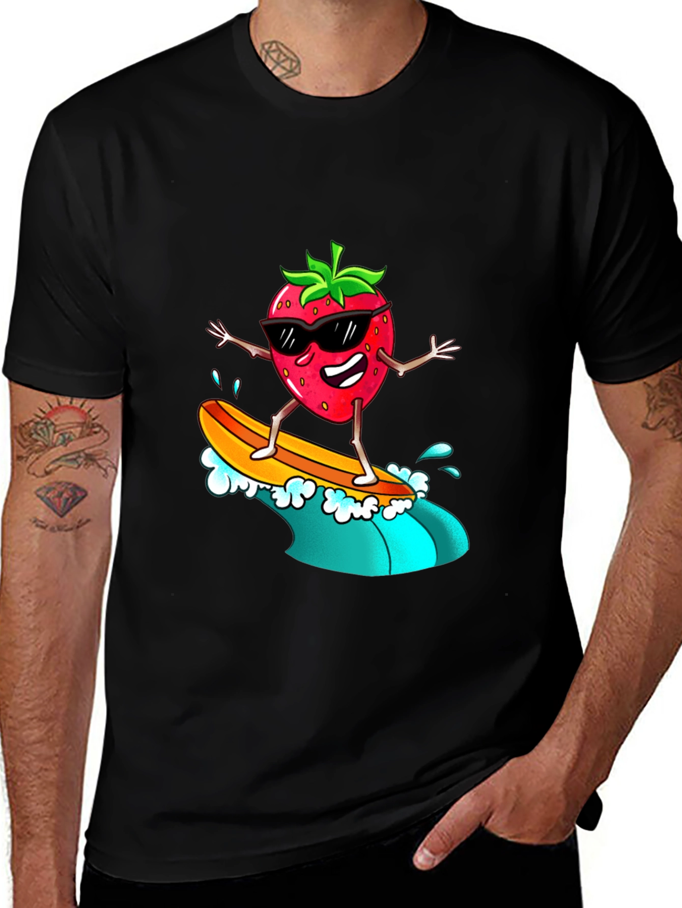 Cool Strawberry Surfer Graphic Tee - Black T-Shirt