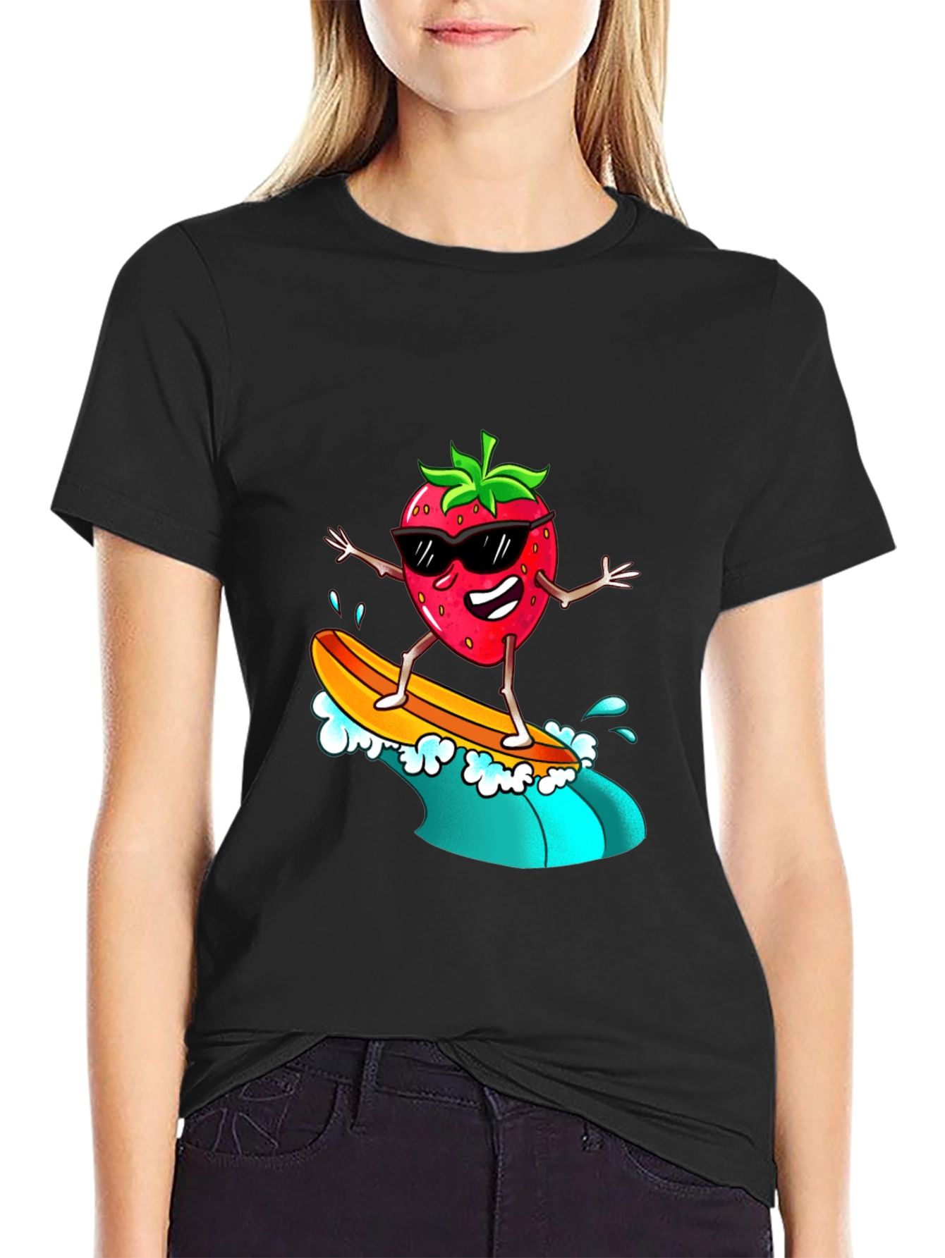 Cool Strawberry Surfer Graphic Tee - Black T-Shirt
