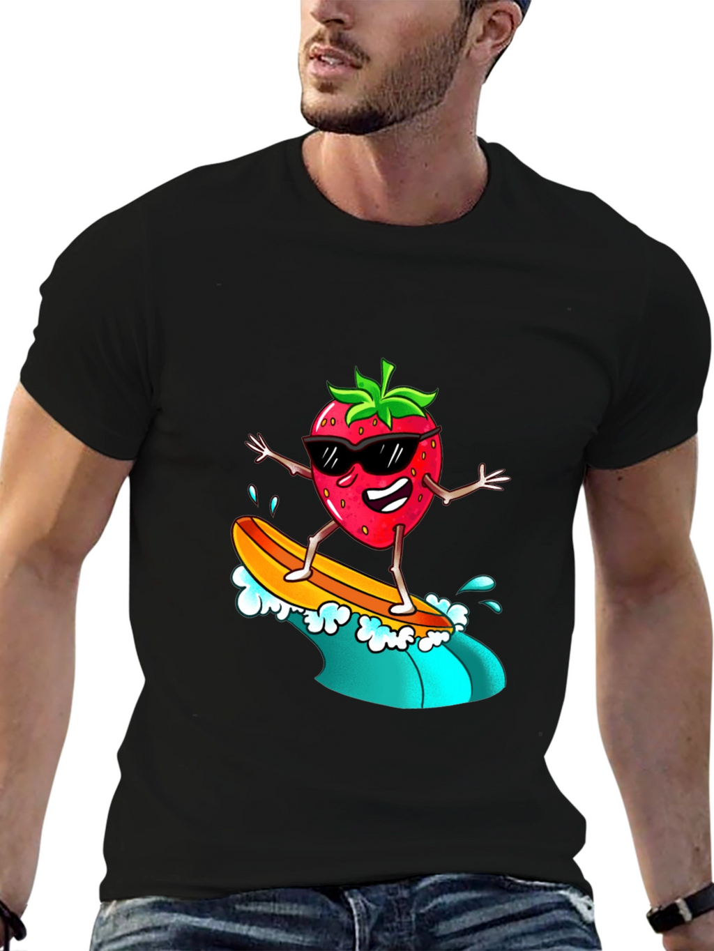 Cool Strawberry Surfer Graphic Tee - Black T-Shirt